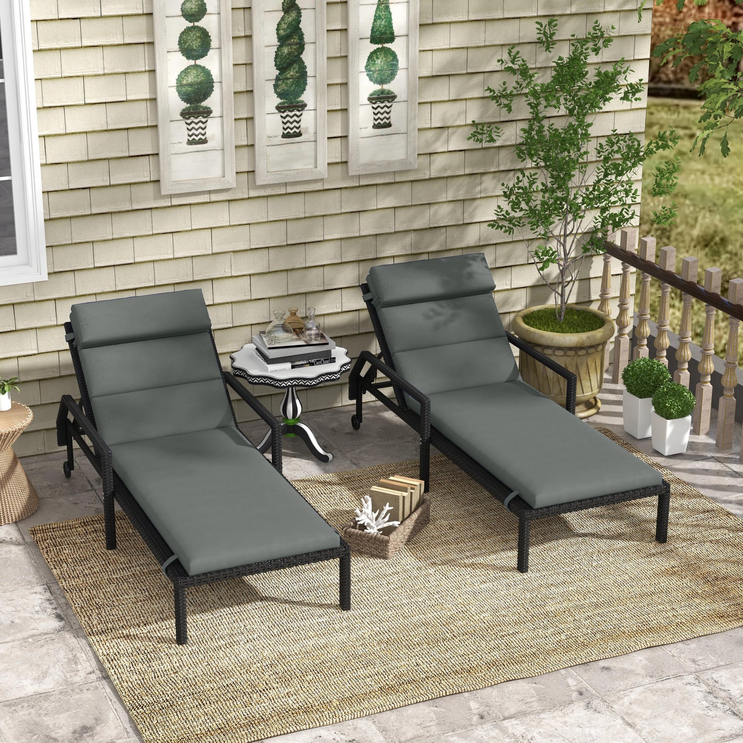 Set of 2 Outdoor Lounge Chair Cushions, Patio Chaise Lounge Cushions with Headrest and Ties, Water Resistant Replacement Sun Lounger Seat Pads, Grey