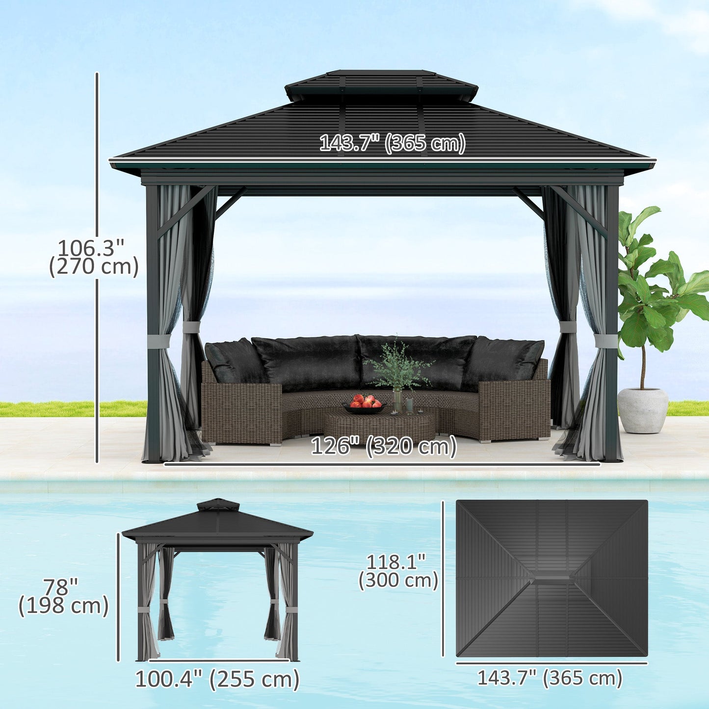 10' x 12' Hardtop Gazebo, Aluminum Frame Garden Sun Shelter with Double Tier Metal Roof, Mosquito Netting, Curtains, and Hanging Hook, Light Grey