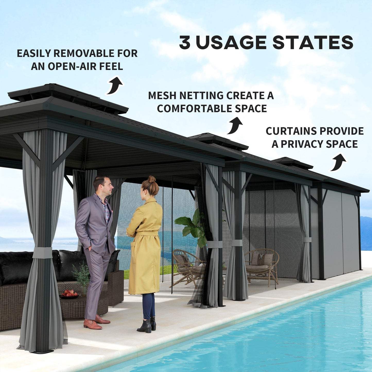 10' x 12' Hardtop Gazebo, Aluminum Frame Garden Sun Shelter with Double Tier Metal Roof, Mosquito Netting, Curtains, and Hanging Hook, Light Grey