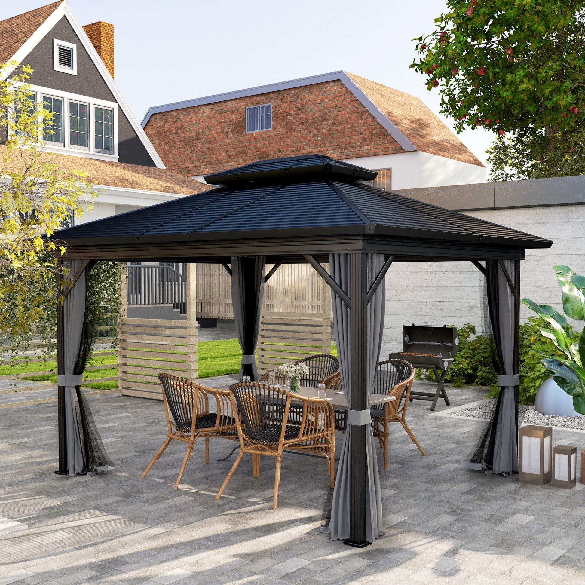 10' x 12' Hardtop Gazebo, Aluminum Frame Garden Sun Shelter with Double Tier Metal Roof, Mosquito Netting, Curtains, and Hanging Hook, Light Grey