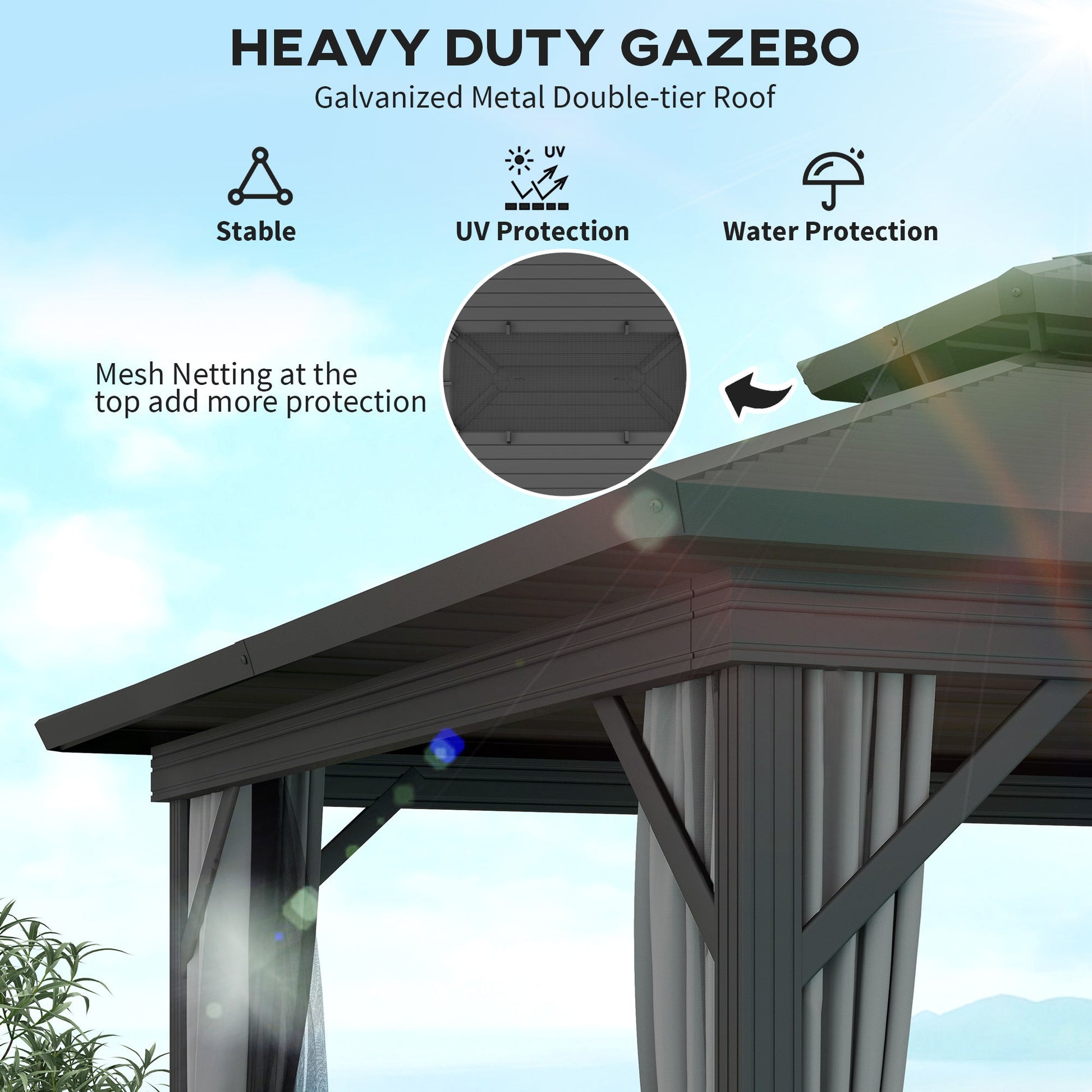 10' x 12' Hardtop Gazebo, Aluminum Frame Garden Sun Shelter with Double Tier Metal Roof, Mosquito Netting, Curtains, and Hanging Hook, Light Grey