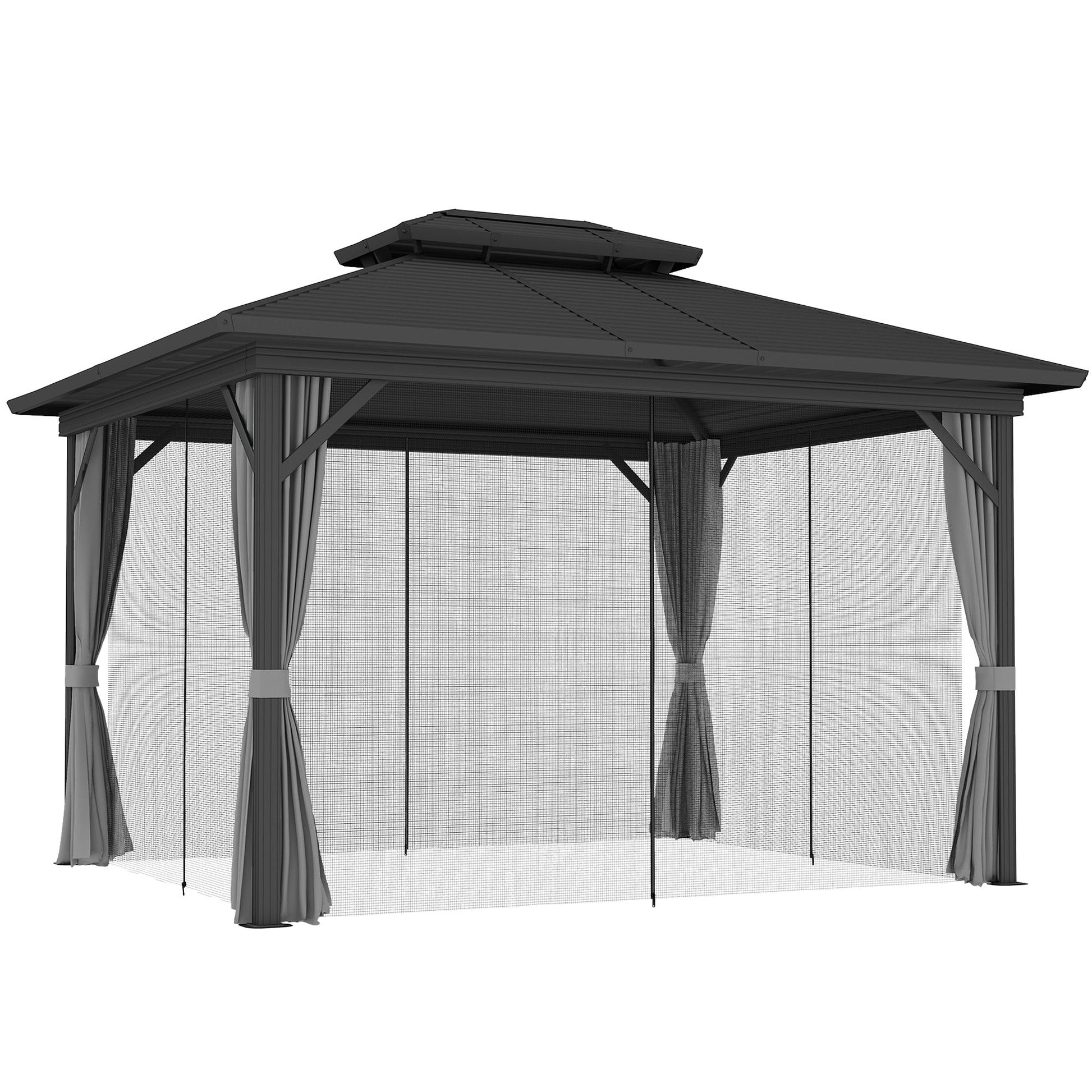 10' x 12' Hardtop Gazebo, Aluminum Frame Garden Sun Shelter with Double Tier Metal Roof, Mosquito Netting, Curtains, and Hanging Hook, Light Grey