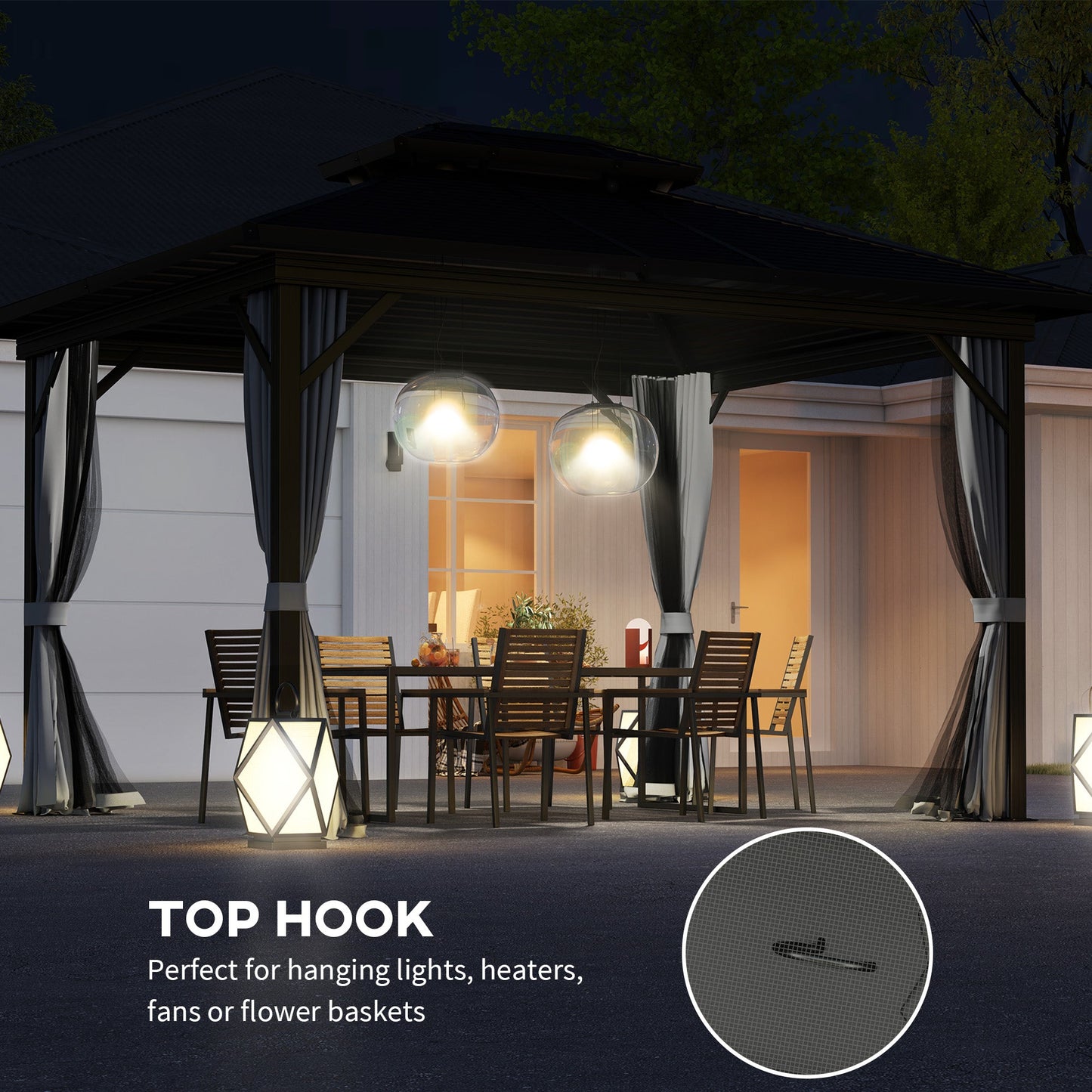 10' x 12' Hardtop Gazebo, Aluminum Frame Garden Sun Shelter with Double Tier Metal Roof, Mosquito Netting, Curtains, and Hanging Hook, Light Grey