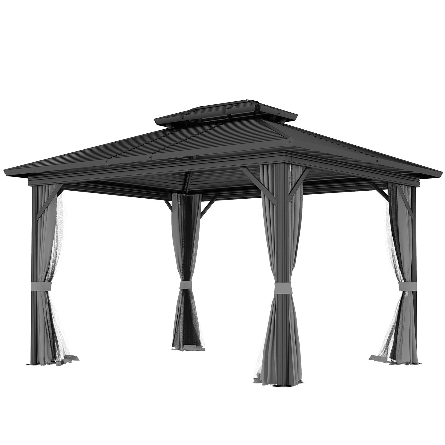 10' x 12' Hardtop Gazebo, Aluminum Frame Garden Sun Shelter with Double Tier Metal Roof, Mosquito Netting, Curtains, and Hanging Hook, Light Grey
