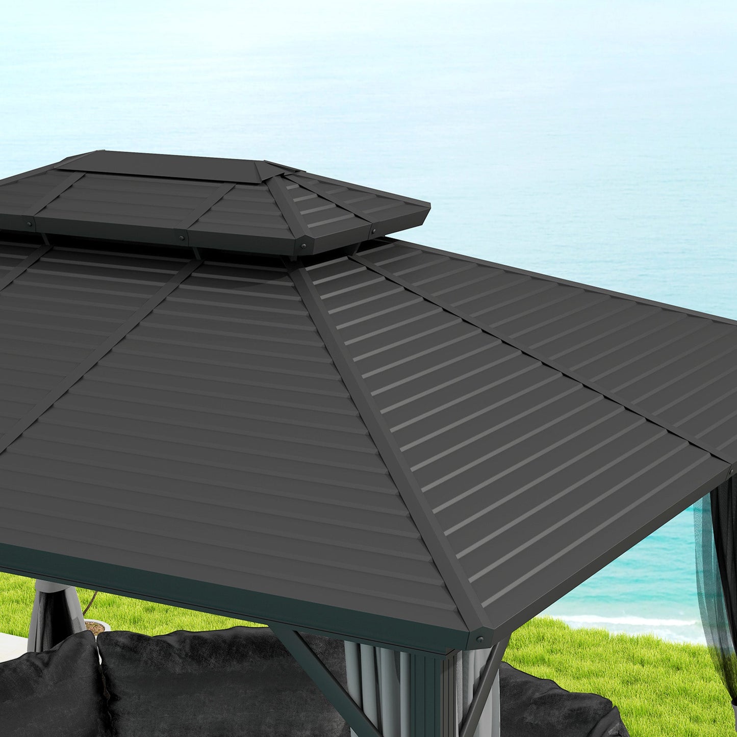 10' x 12' Hardtop Gazebo, Aluminum Frame Garden Sun Shelter with Double Tier Metal Roof, Mosquito Netting, Curtains, and Hanging Hook, Light Grey