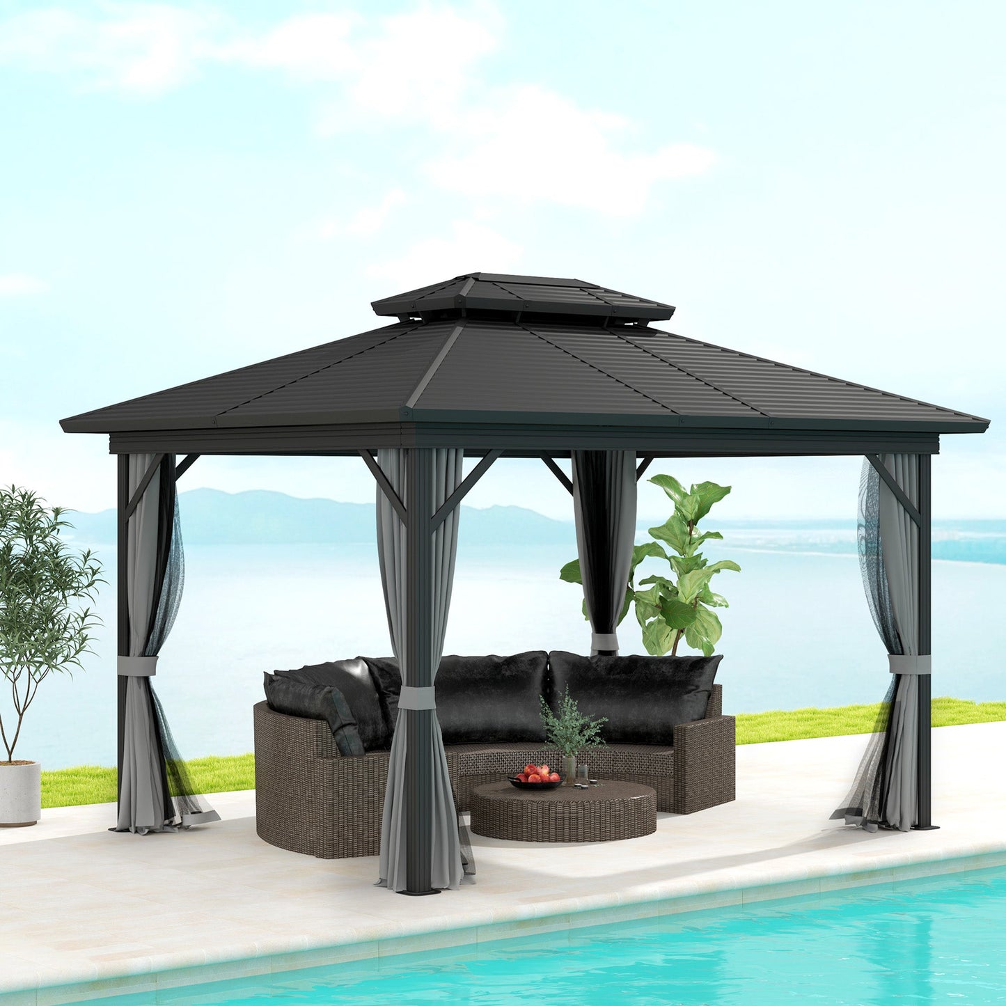 10' x 12' Hardtop Gazebo, Aluminum Frame Garden Sun Shelter with Double Tier Metal Roof, Mosquito Netting, Curtains, and Hanging Hook, Light Grey