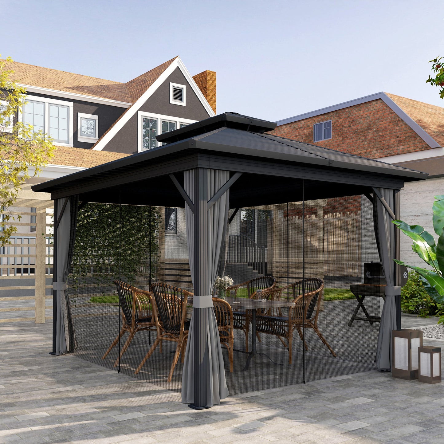 10' x 12' Hardtop Gazebo, Aluminum Frame Garden Sun Shelter with Double Tier Metal Roof, Mosquito Netting, Curtains, and Hanging Hook, Light Grey