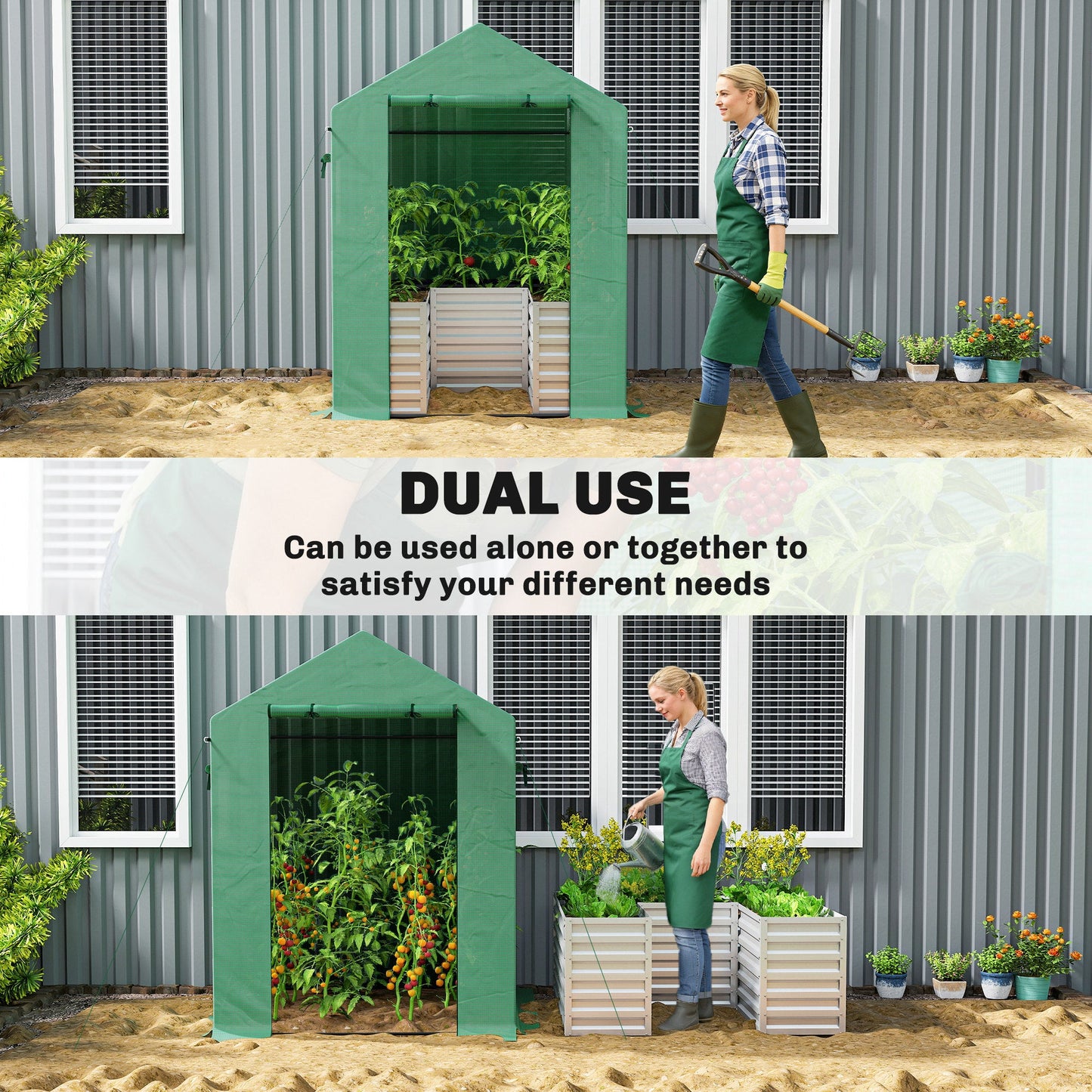 Greenhouse with Raised Garden Bed, 56" x 56" x 75" Galvanized Metal Planter Box with PE Cover, Roll Up Door and Windows, Outdoor Greenhouse for Flowers Vegetables, Green