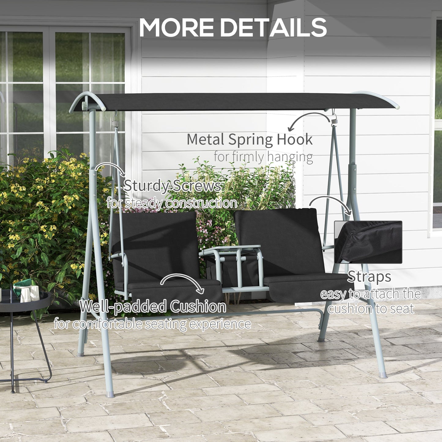 2 Person Porch Swing, Patio Swing Chair with Adjustable Canopy, Table and Storage bag for Outdoor, Garden, Backyard, Poolside, Black