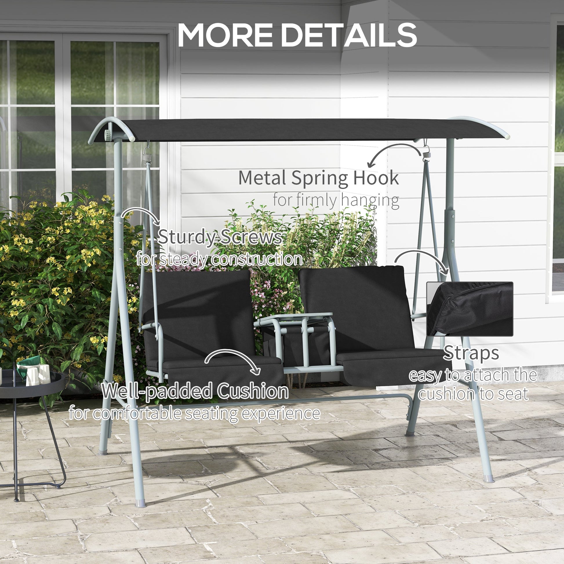2 Person Porch Swing, Patio Swing Chair with Adjustable Canopy, Table and Storage bag for Outdoor, Garden, Backyard, Poolside, Black