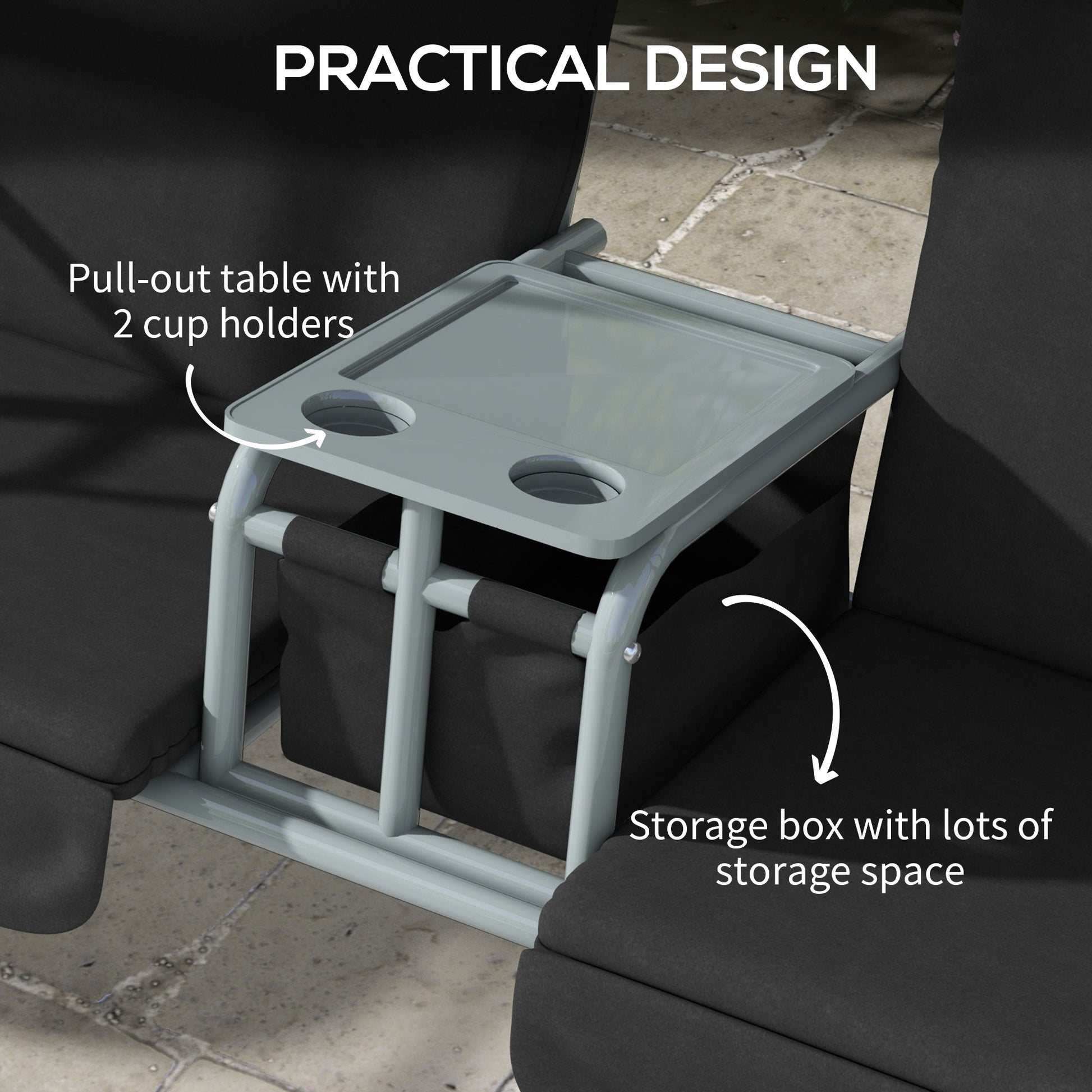 2 Person Porch Swing, Patio Swing Chair with Adjustable Canopy, Table and Storage bag for Outdoor, Garden, Backyard, Poolside, Black