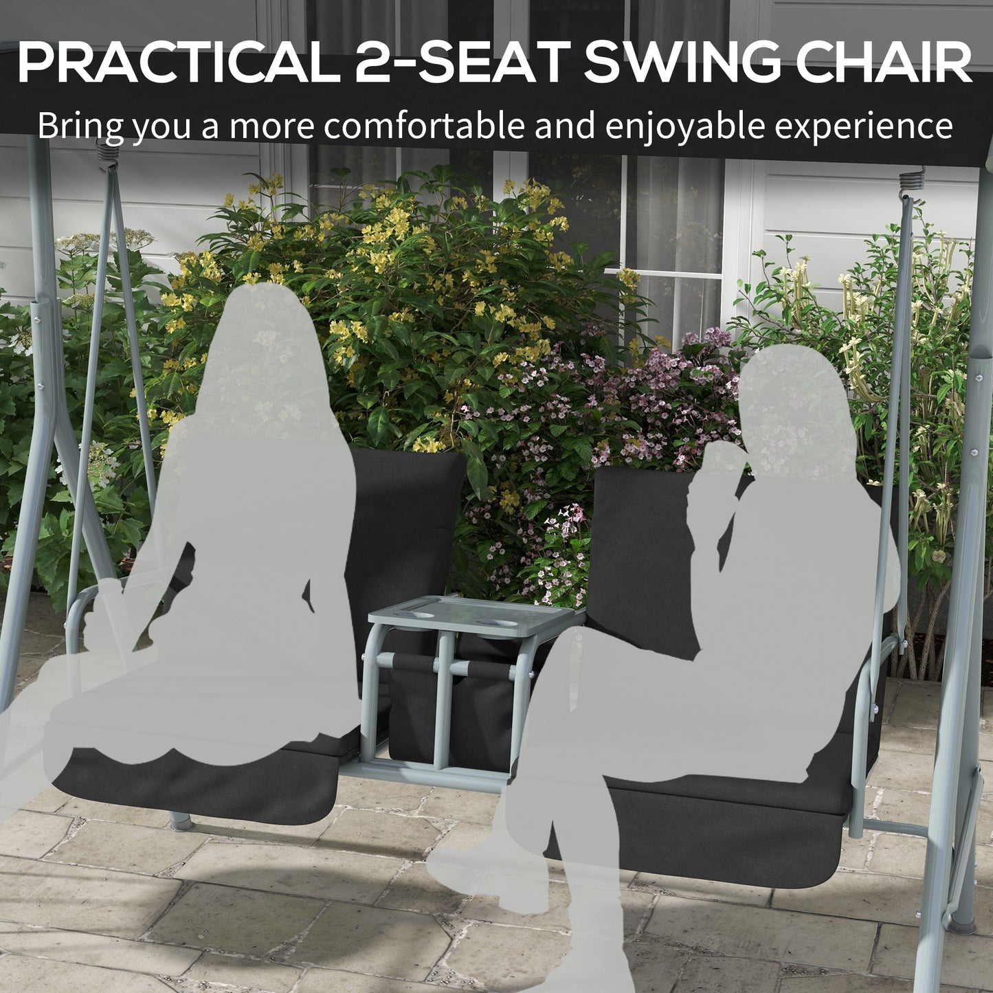 2 Person Porch Swing, Patio Swing Chair with Adjustable Canopy, Table and Storage bag for Outdoor, Garden, Backyard, Poolside, Black
