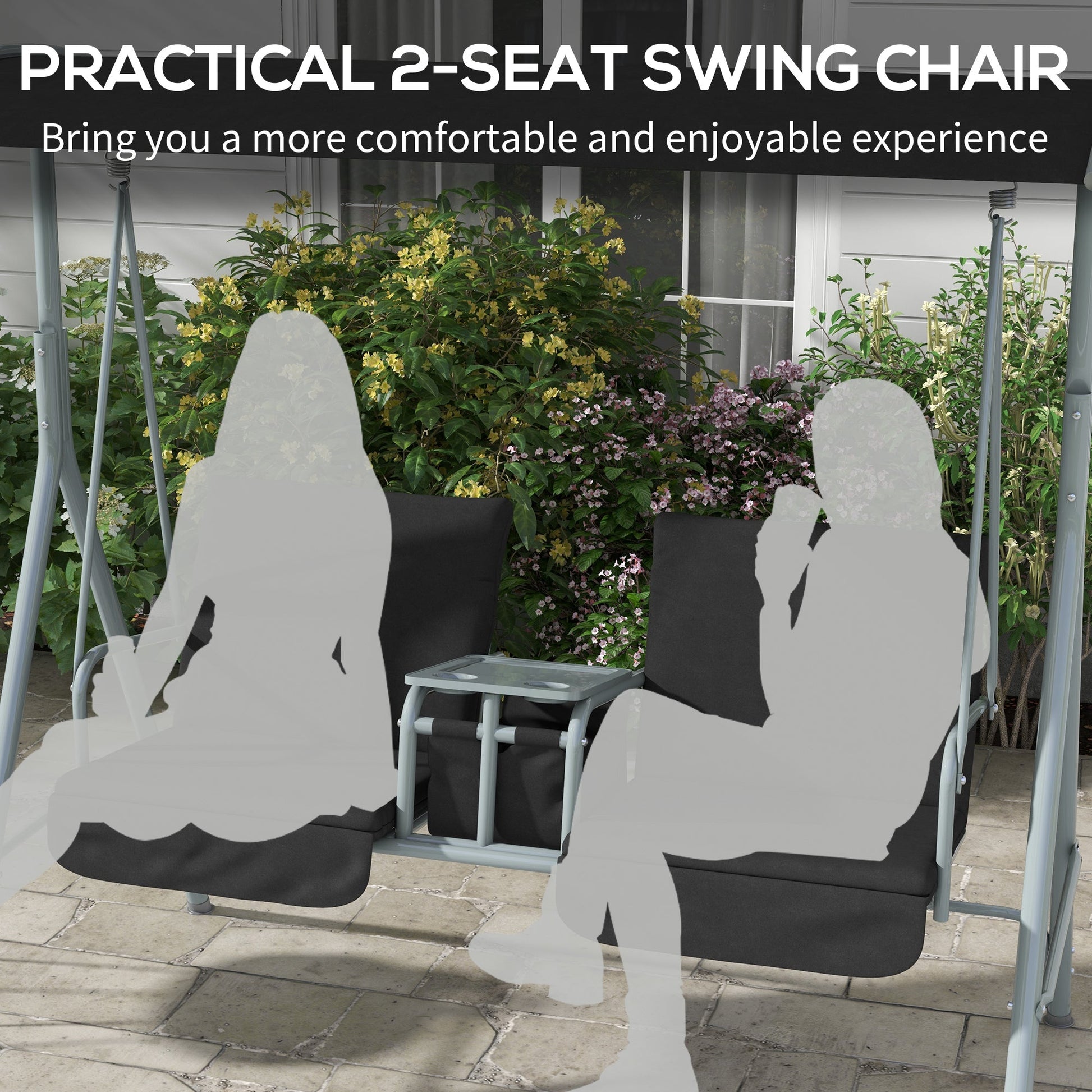 2 Person Porch Swing, Patio Swing Chair with Adjustable Canopy, Table and Storage bag for Outdoor, Garden, Backyard, Poolside, Black