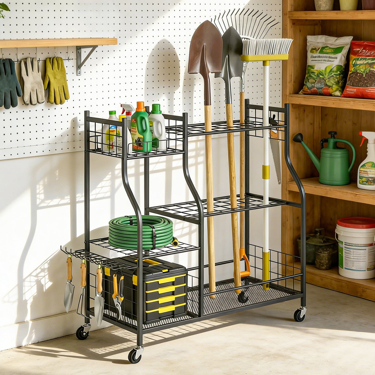 Garden Tool Organizer for Garage, 3-Tier Yard Tool Storage Rack with 74 Slots, 4 Wheels and 11 Hooks for Long-Handled Shovels and Rakes for Shed, Yard, Patio, Black