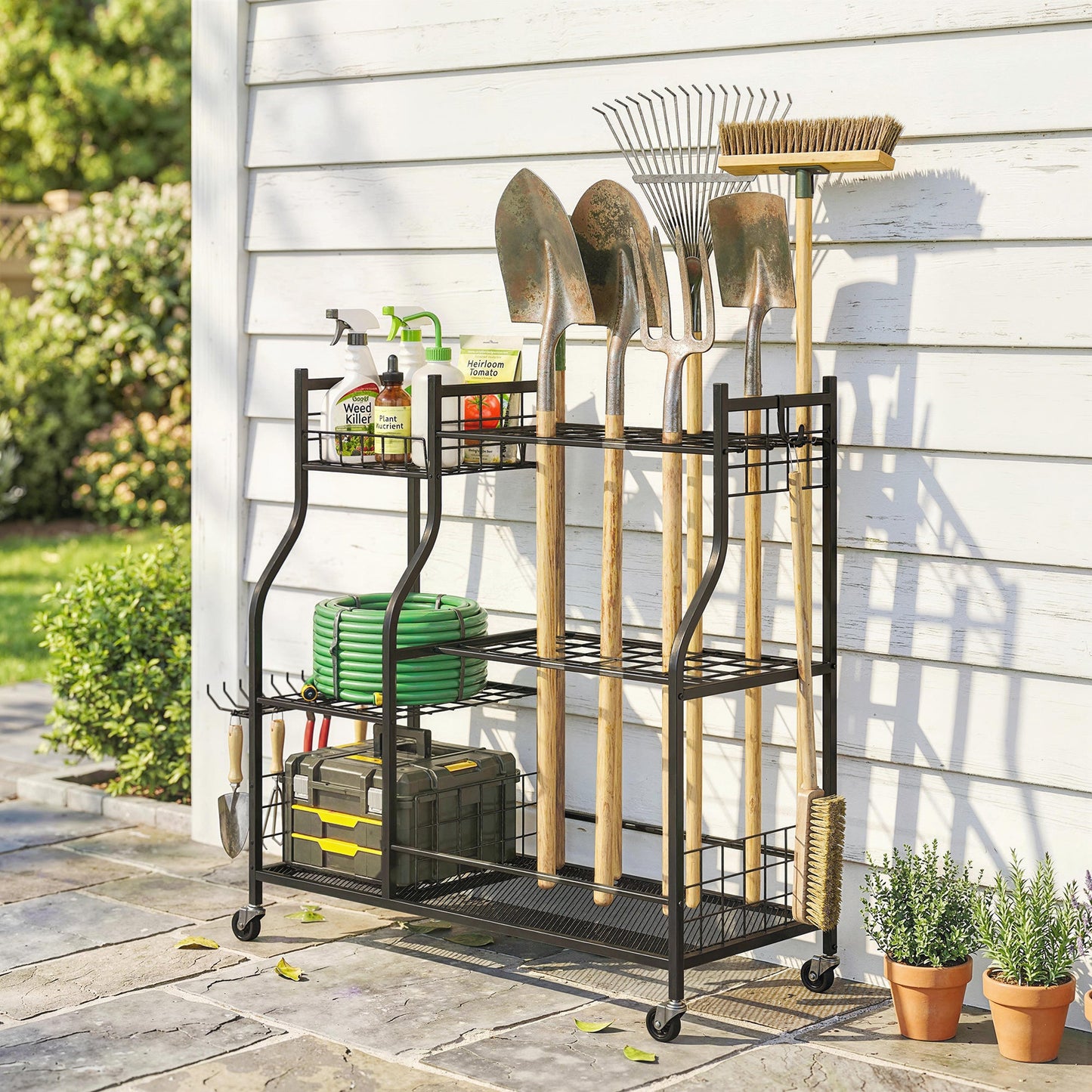 Garden Tool Organizer for Garage, 3-Tier Yard Tool Storage Rack with 74 Slots, 4 Wheels and 11 Hooks for Long-Handled Shovels and Rakes for Shed, Yard, Patio, Black