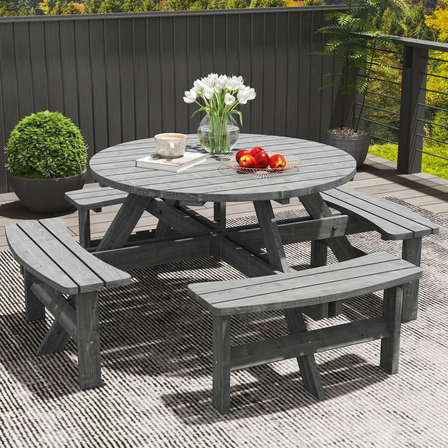 Wooden Patio Dining Set for 8 People, Outdoor Table and Benches Set with 4 Double-Seat Benches & Round Picnic Table (Umbrella Not Included), Φ70.1" x 27.6" H, Grey
