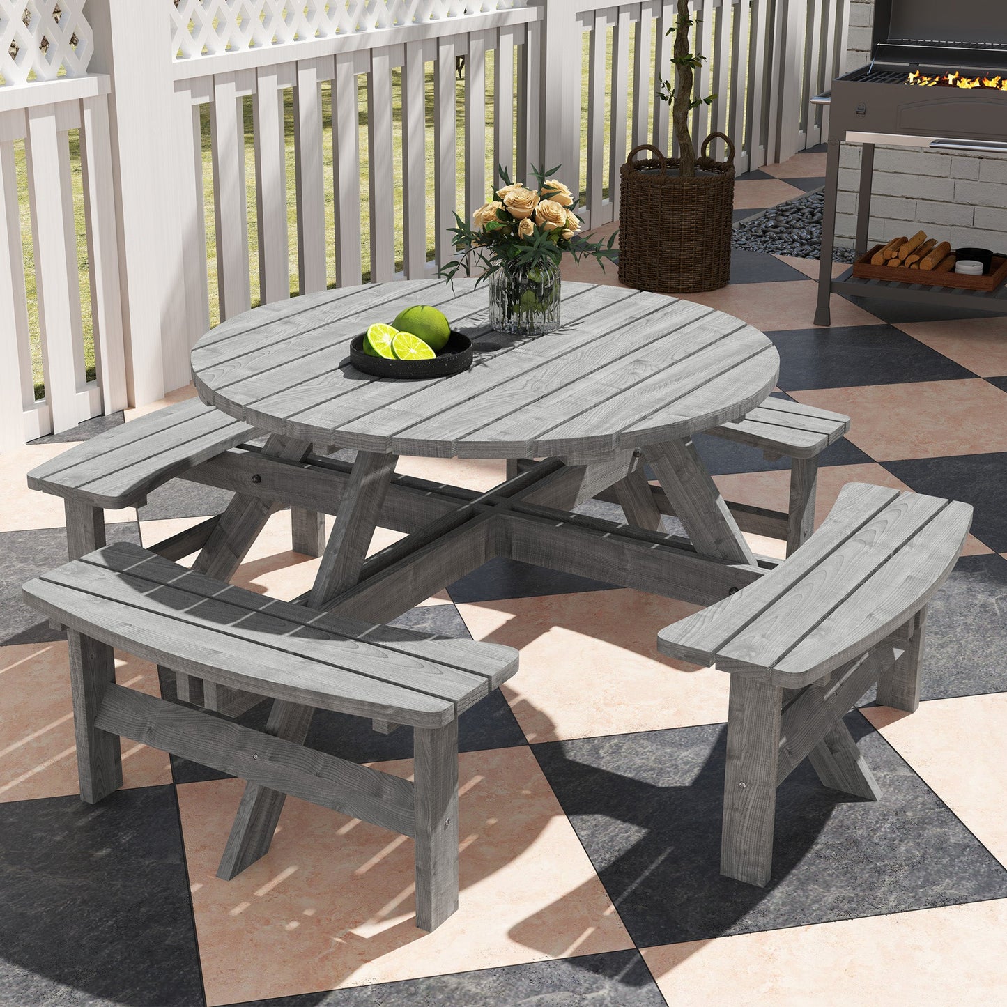 Wooden Patio Dining Set for 8 People, Outdoor Table and Benches Set with 4 Double-Seat Benches & Round Picnic Table (Umbrella Not Included), Φ70.1" x 27.6" H, Grey