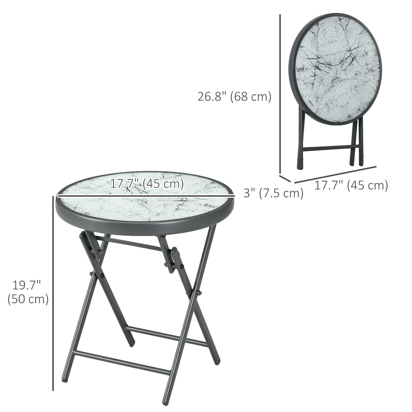 18" Outdoor Round Folding Table, Garden Side Table with Metal Frame and Tempered Glass Top for Patio, Picnic, Party, Wedding, White