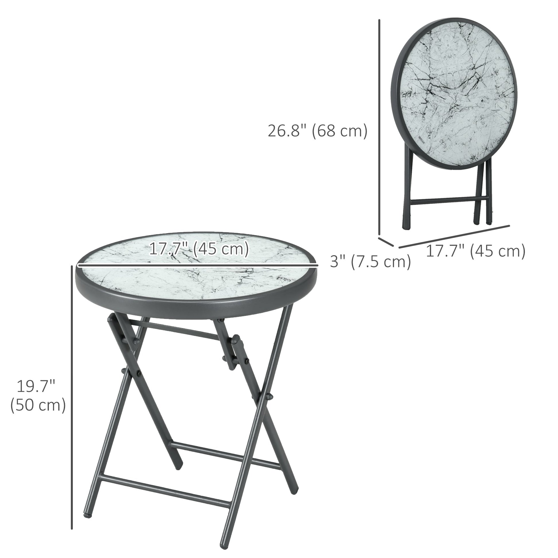 18" Outdoor Round Folding Table, Garden Side Table with Metal Frame and Tempered Glass Top for Patio, Picnic, Party, Wedding, White