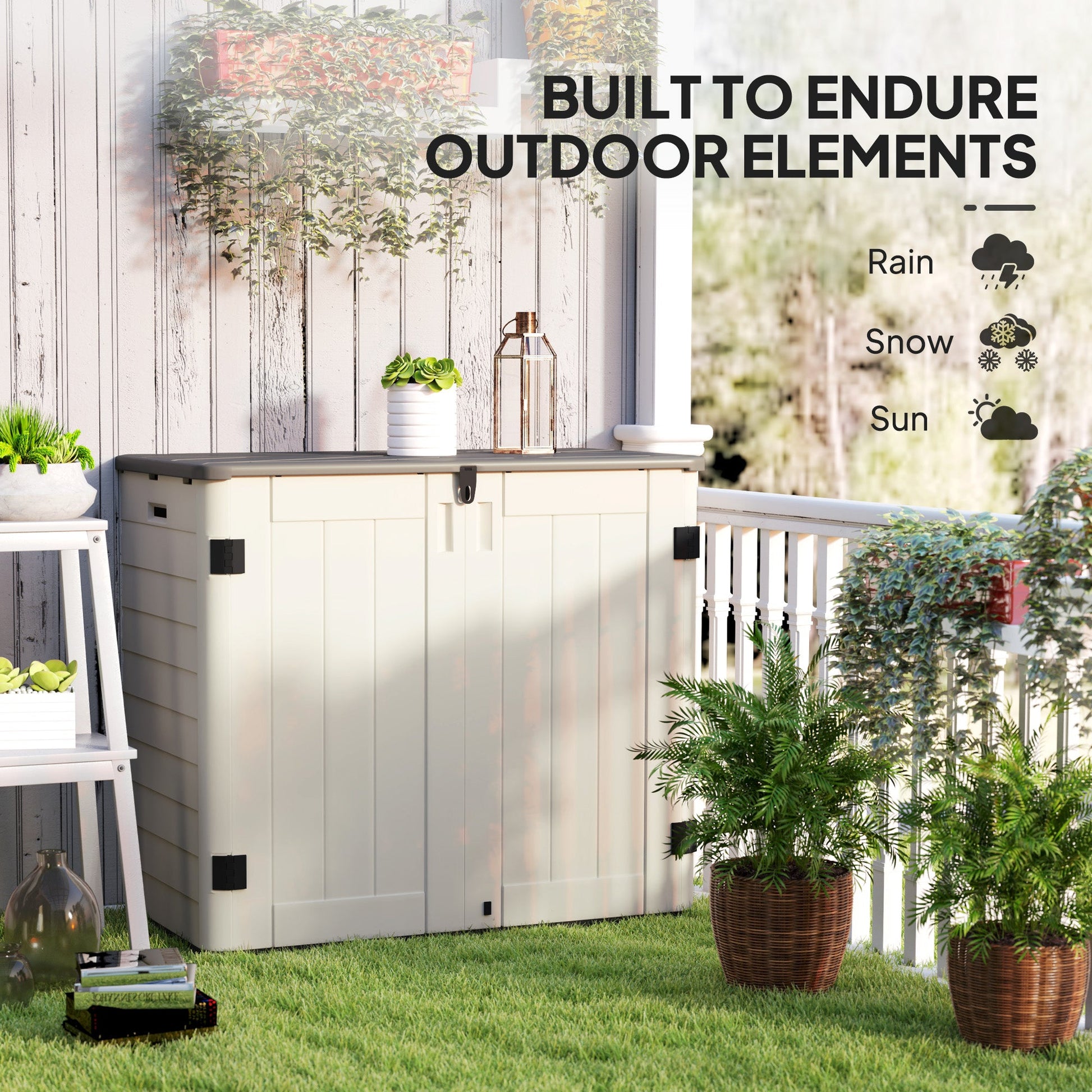 185 Gallon Outdoor Storage Cabinet Deck Box, Waterproof Horizontal Storage Shed with Openable Top and Lockable Doors for Lawnmower, Garbage Bin, Patio Accessories