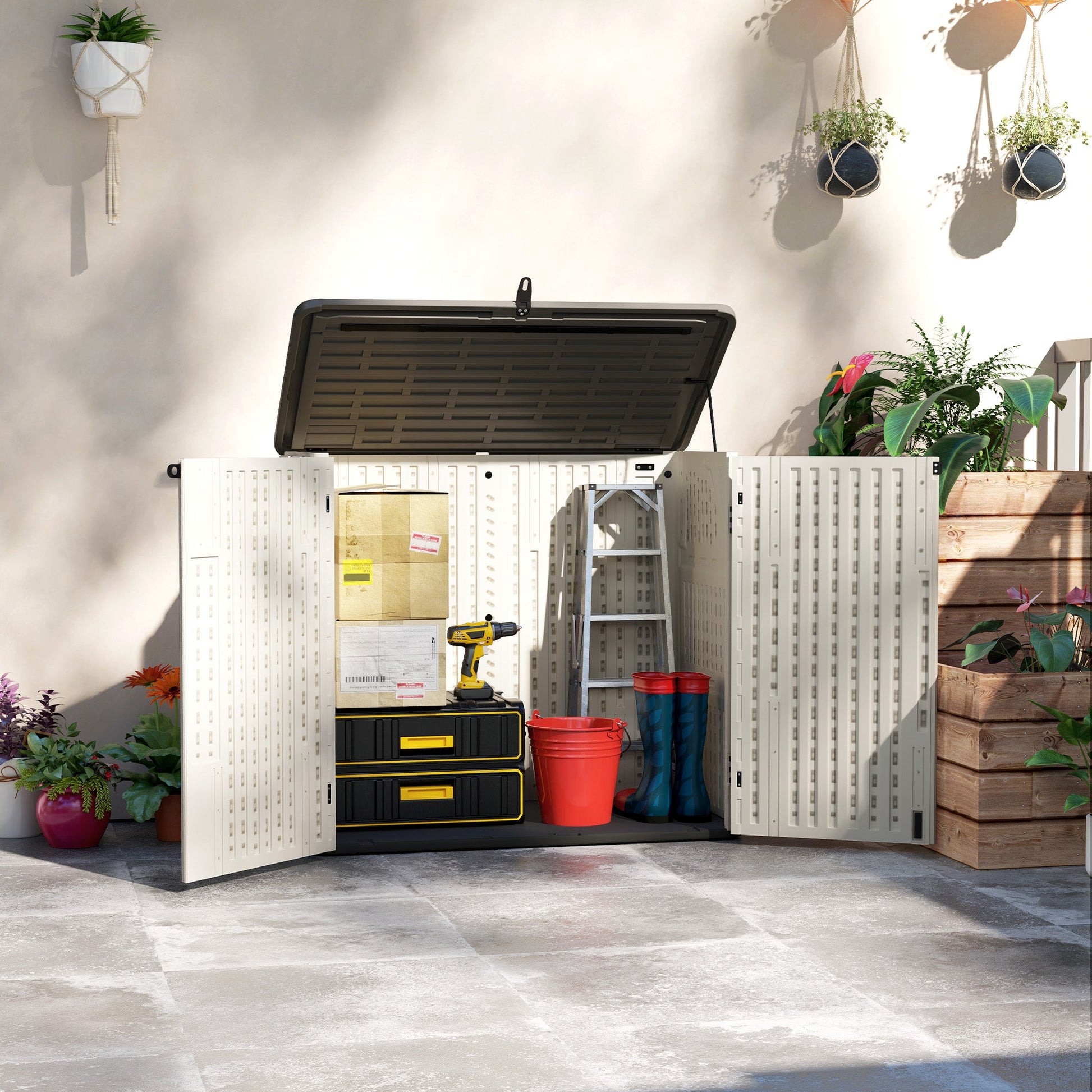 185 Gallon Outdoor Storage Cabinet Deck Box, Waterproof Horizontal Storage Shed with Openable Top and Lockable Doors for Lawnmower, Garbage Bin, Patio Accessories