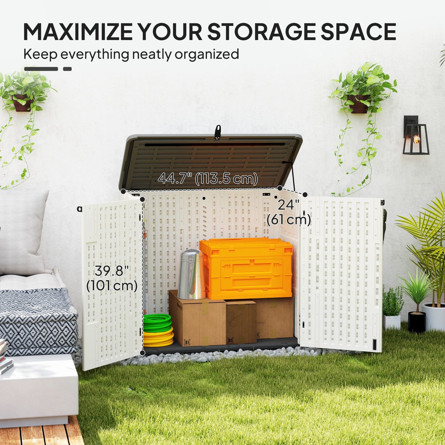185 Gallon Outdoor Storage Cabinet Deck Box, Waterproof Horizontal Storage Shed with Openable Top and Lockable Doors for Lawnmower, Garbage Bin, Patio Accessories