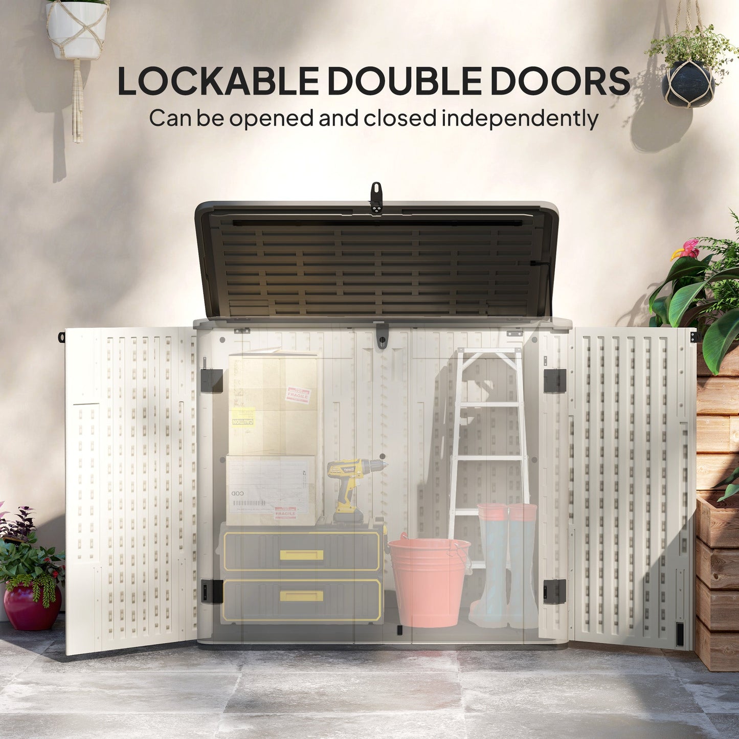 185 Gallon Outdoor Storage Cabinet Deck Box, Waterproof Horizontal Storage Shed with Openable Top and Lockable Doors for Lawnmower, Garbage Bin, Patio Accessories
