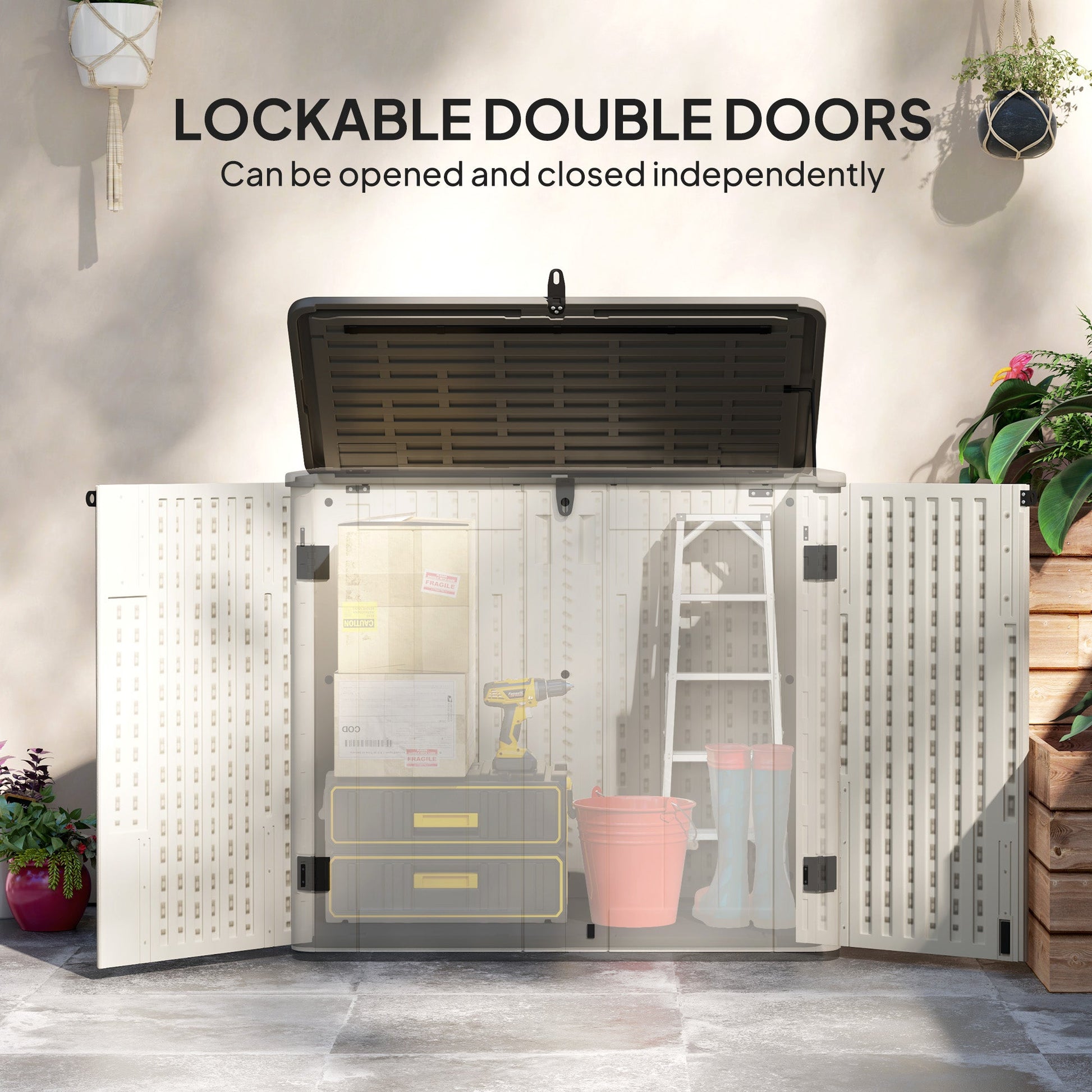 185 Gallon Outdoor Storage Cabinet Deck Box, Waterproof Horizontal Storage Shed with Openable Top and Lockable Doors for Lawnmower, Garbage Bin, Patio Accessories