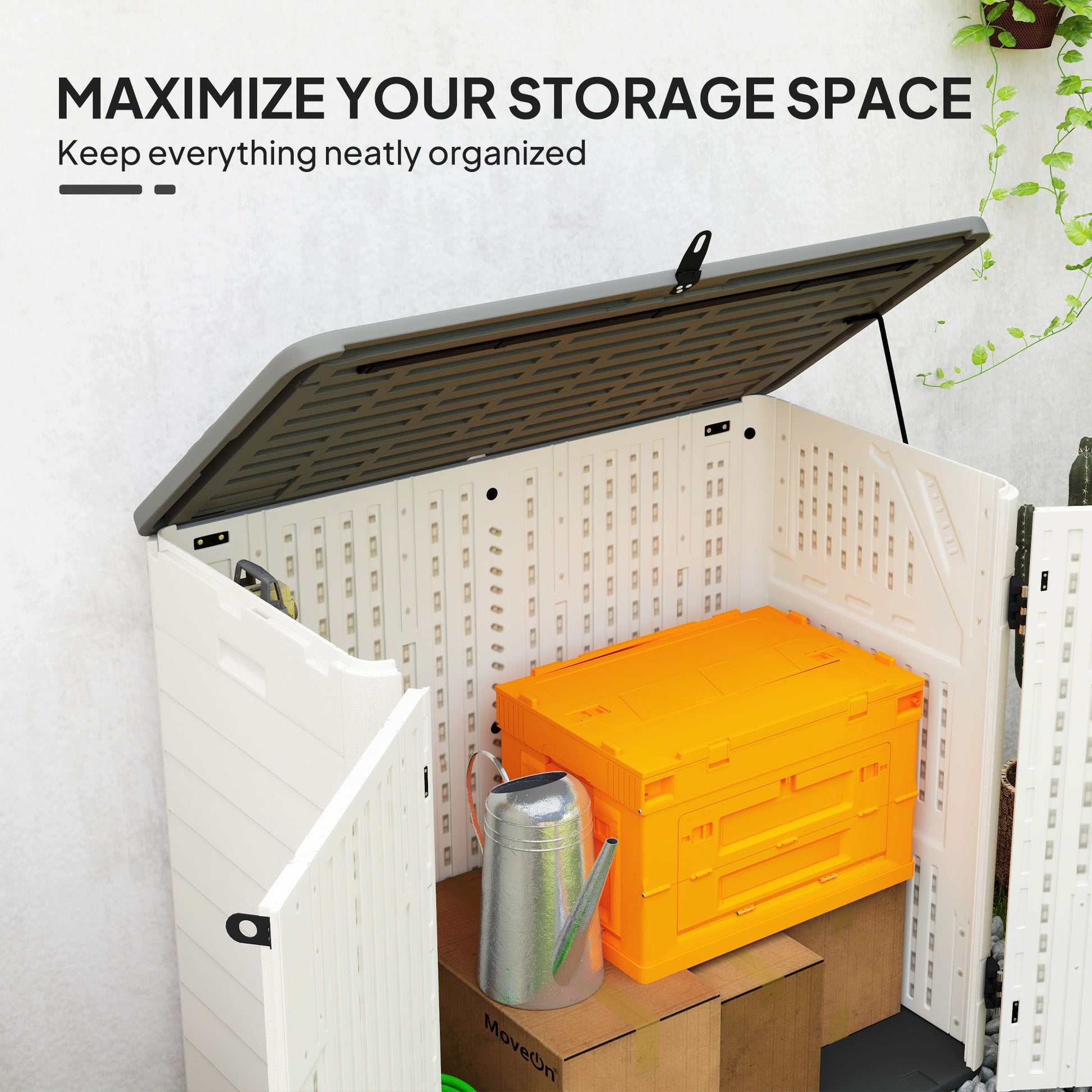 185 Gallon Outdoor Storage Cabinet Deck Box, Waterproof Horizontal Storage Shed with Openable Top and Lockable Doors for Lawnmower, Garbage Bin, Patio Accessories