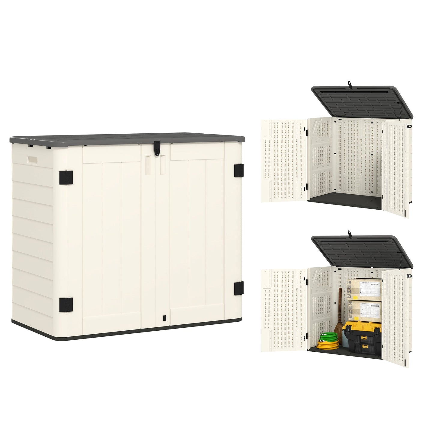 185 Gallon Outdoor Storage Cabinet Deck Box, Waterproof Horizontal Storage Shed with Openable Top and Lockable Doors for Lawnmower, Garbage Bin, Patio Accessories