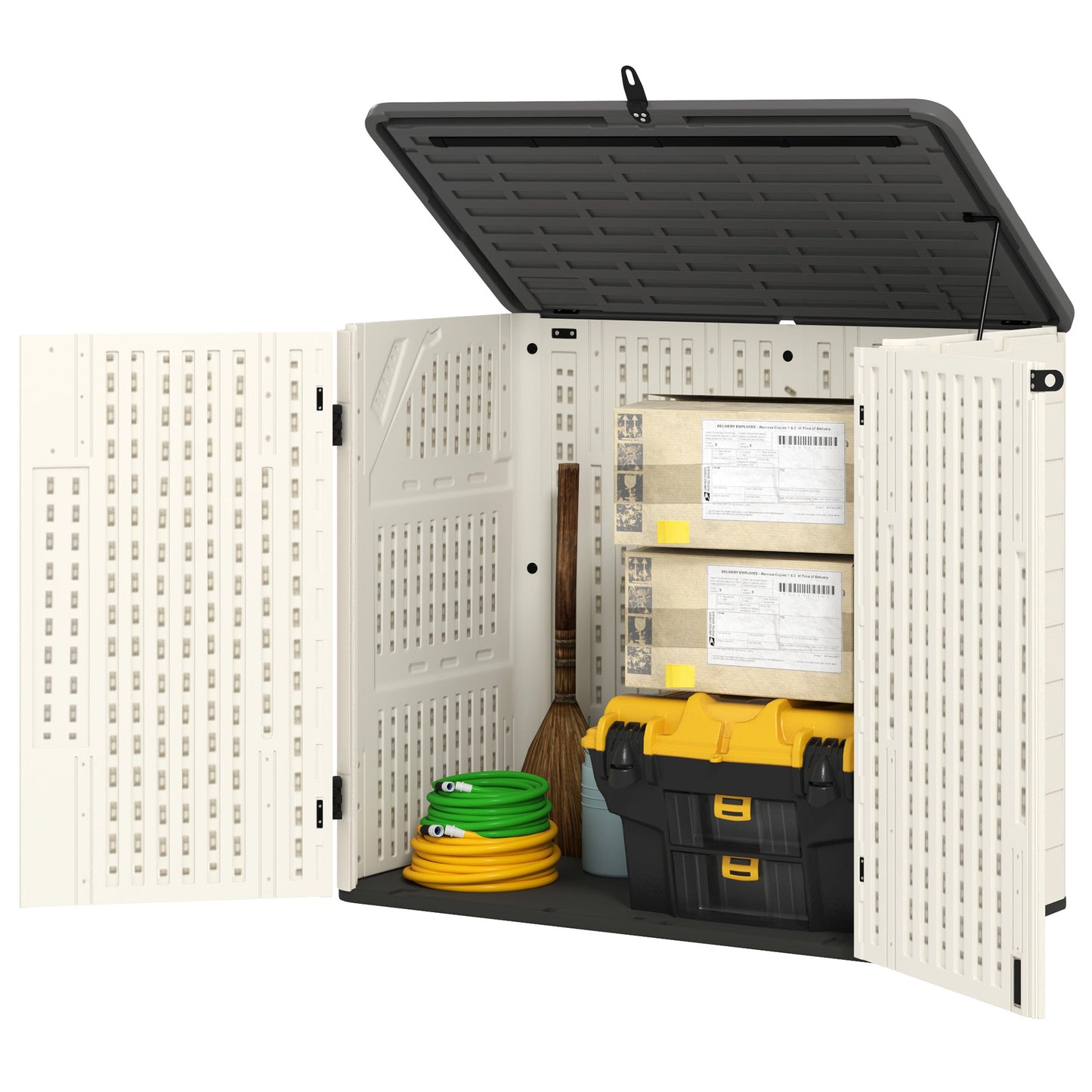 185 Gallon Outdoor Storage Cabinet Deck Box, Waterproof Horizontal Storage Shed with Openable Top and Lockable Doors for Lawnmower, Garbage Bin, Patio Accessories
