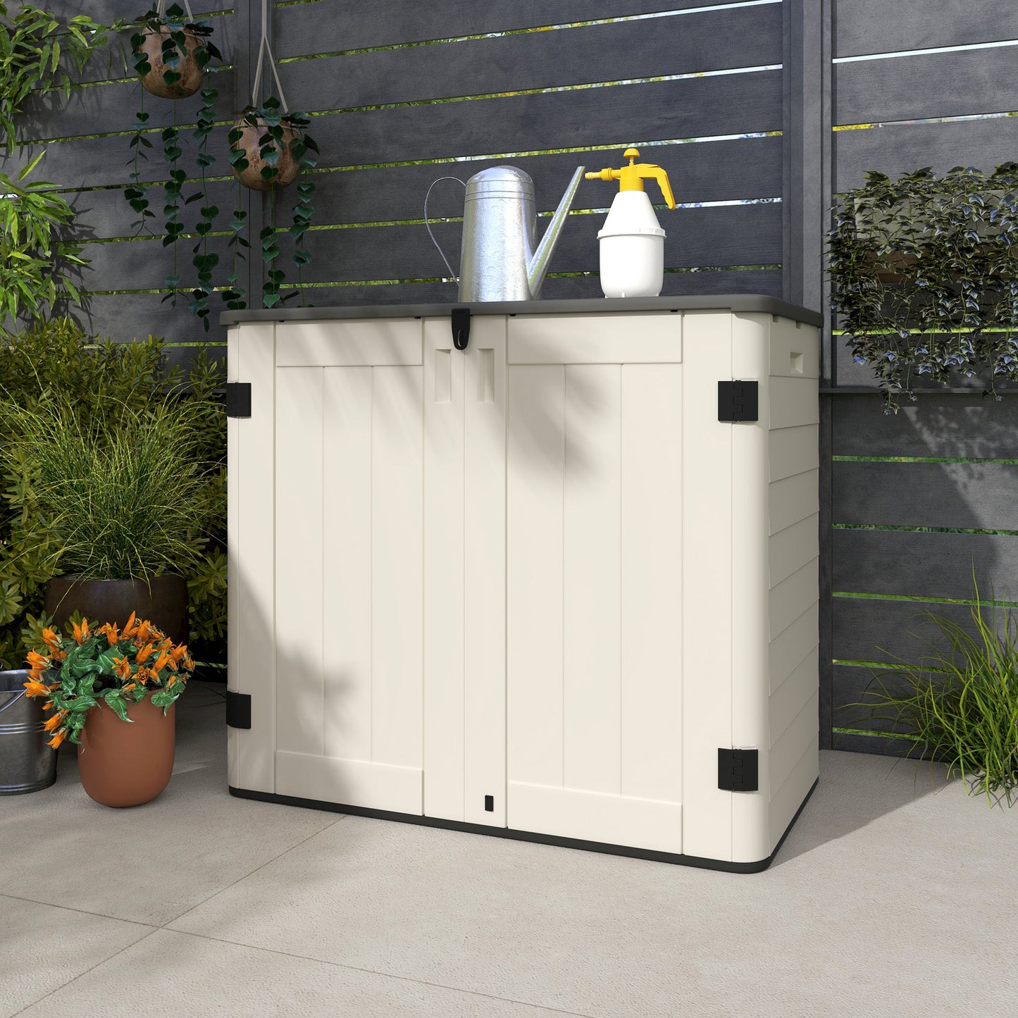 185 Gallon Outdoor Storage Cabinet Deck Box, Waterproof Horizontal Storage Shed with Openable Top and Lockable Doors for Lawnmower, Garbage Bin, Patio Accessories