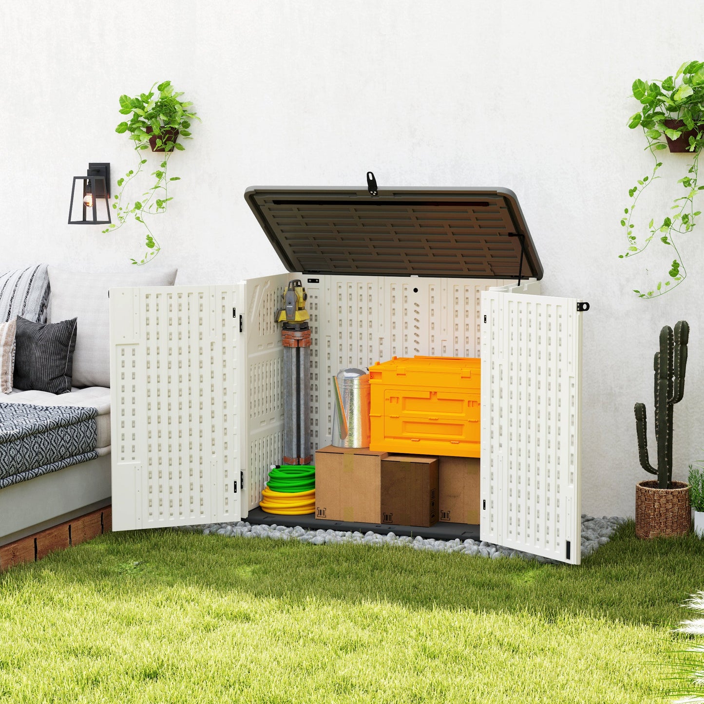 185 Gallon Outdoor Storage Cabinet Deck Box, Waterproof Horizontal Storage Shed with Openable Top and Lockable Doors for Lawnmower, Garbage Bin, Patio Accessories