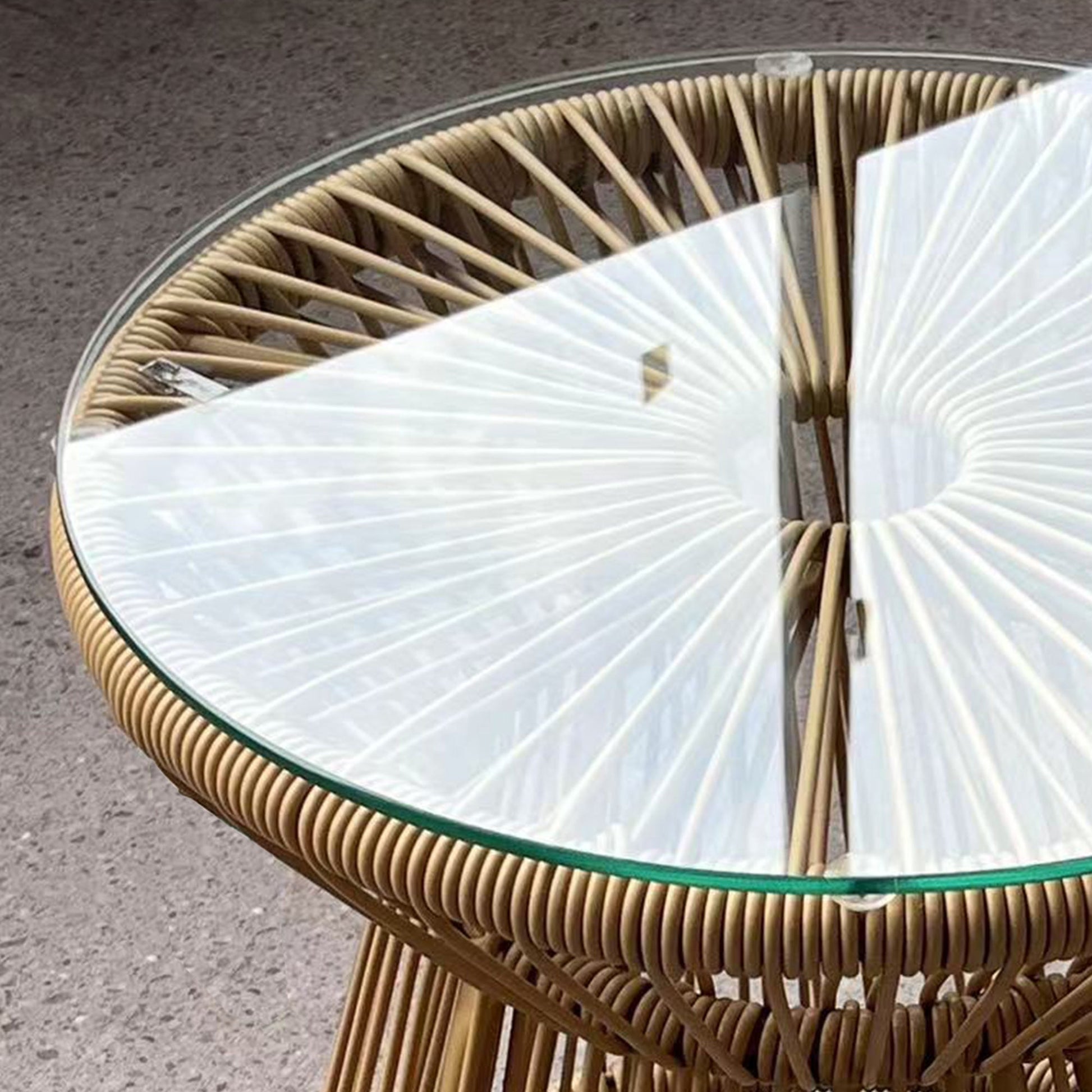 Freestanding End Table, Round Hollow Drum Design Side Table with Round PE Rattan and Tempered Glass Tabletop for Patio, Garden, Balcony, Beige