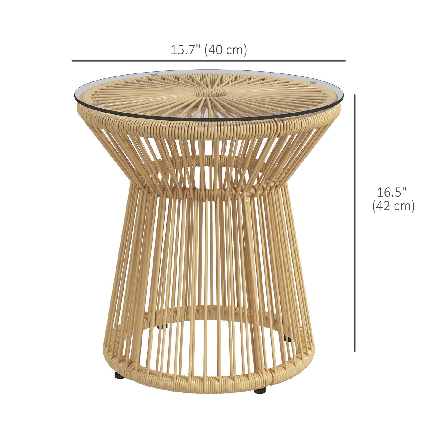 Freestanding End Table, Round Hollow Drum Design Side Table with Round PE Rattan and Tempered Glass Tabletop for Patio, Garden, Balcony, Beige