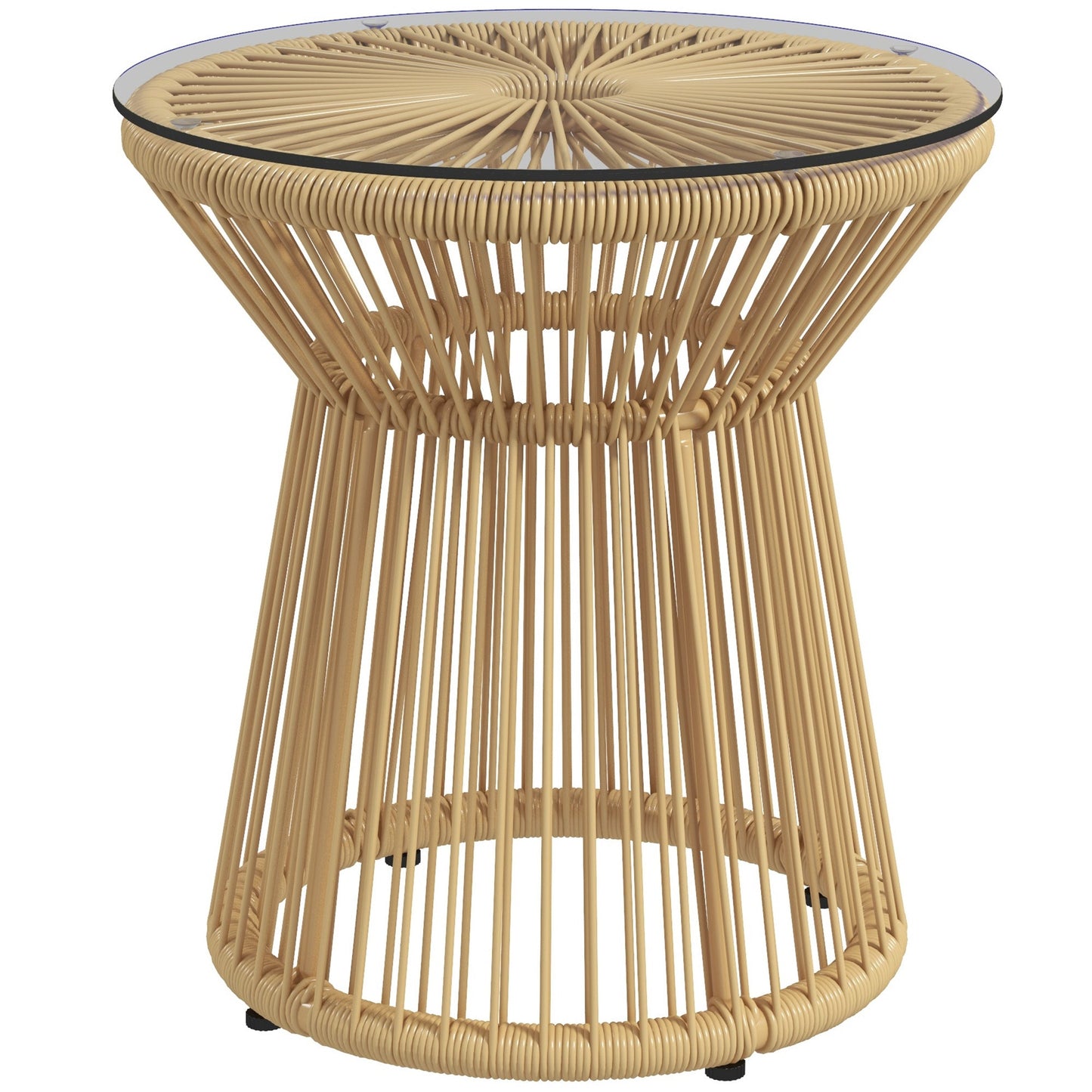 Freestanding End Table, Round Hollow Drum Design Side Table with Round PE Rattan and Tempered Glass Tabletop for Patio, Garden, Balcony, Beige
