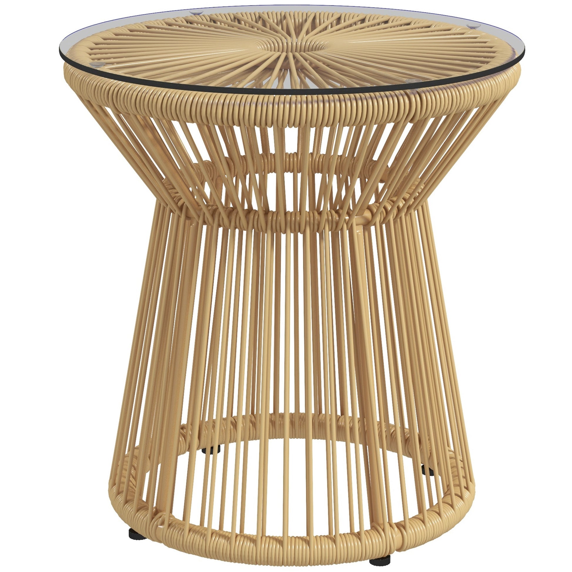 Freestanding End Table, Round Hollow Drum Design Side Table with Round PE Rattan and Tempered Glass Tabletop for Patio, Garden, Balcony, Beige