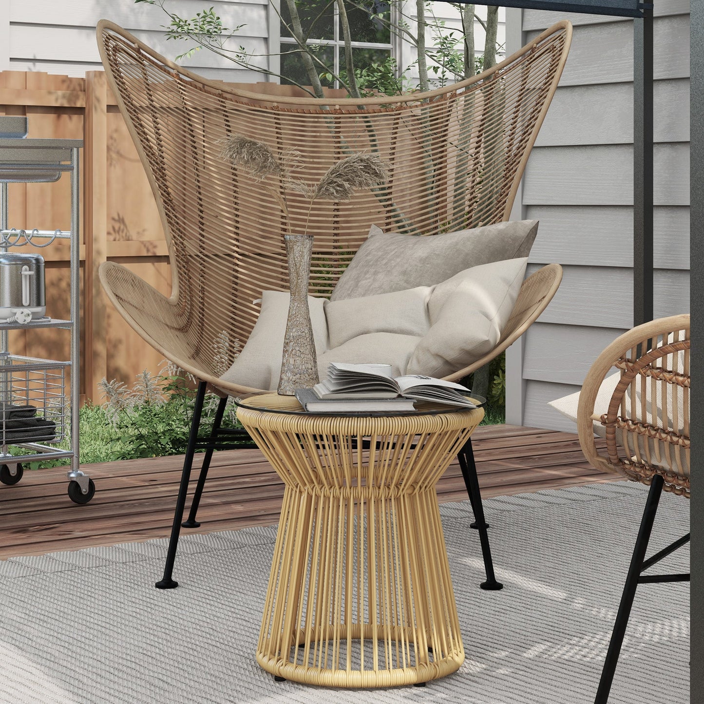 Freestanding End Table, Round Hollow Drum Design Side Table with Round PE Rattan and Tempered Glass Tabletop for Patio, Garden, Balcony, Beige