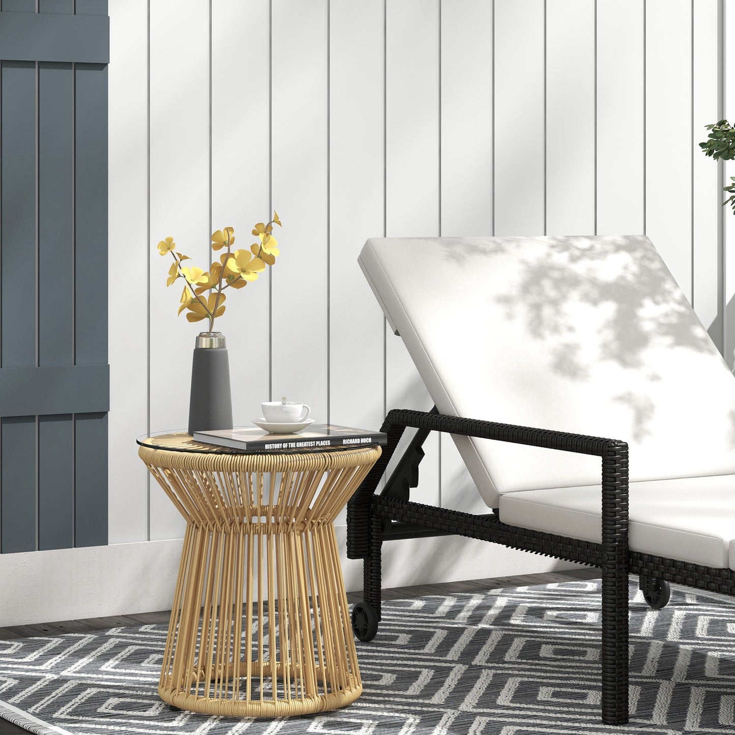 Freestanding End Table, Round Hollow Drum Design Side Table with Round PE Rattan and Tempered Glass Tabletop for Patio, Garden, Balcony, Beige