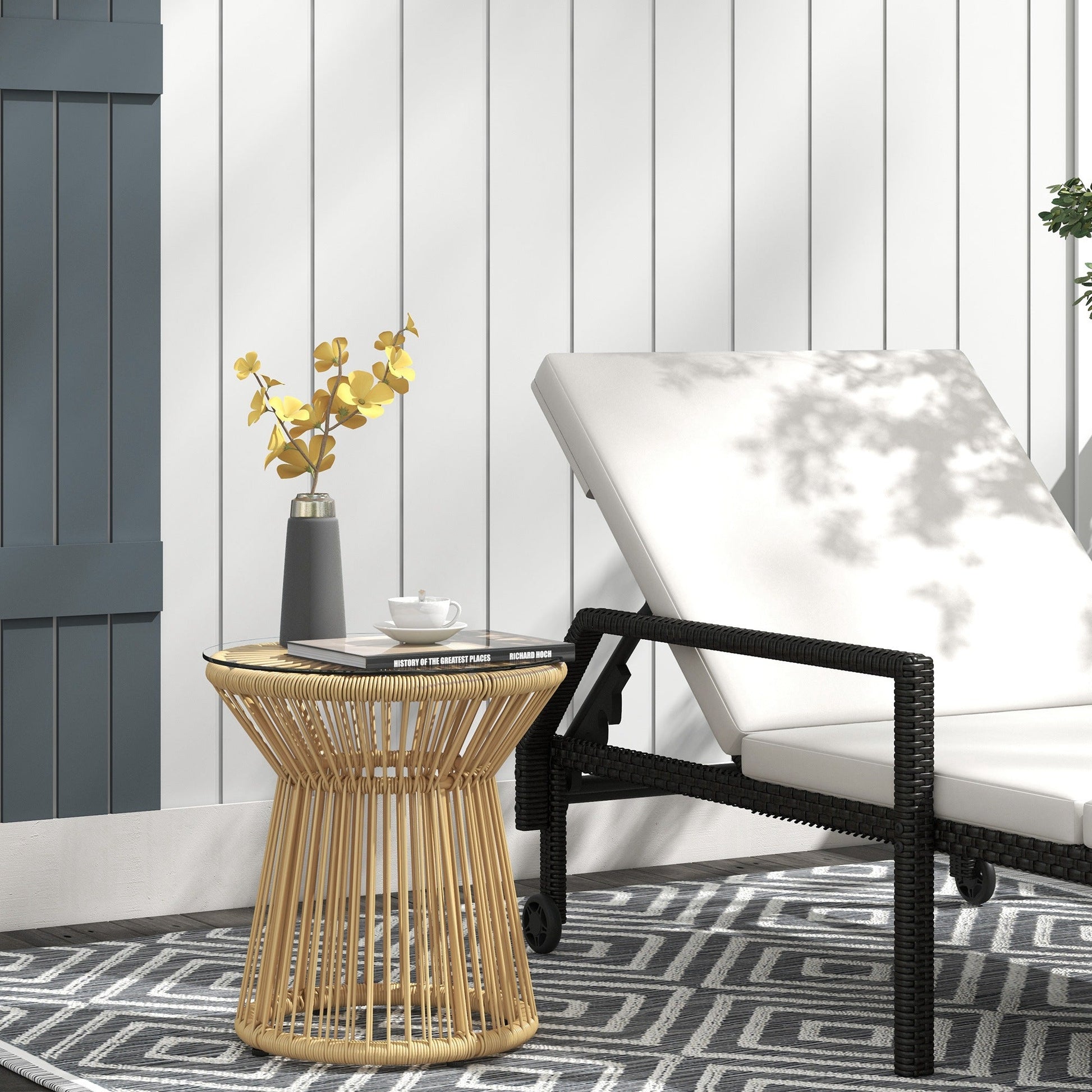 Freestanding End Table, Round Hollow Drum Design Side Table with Round PE Rattan and Tempered Glass Tabletop for Patio, Garden, Balcony, Beige