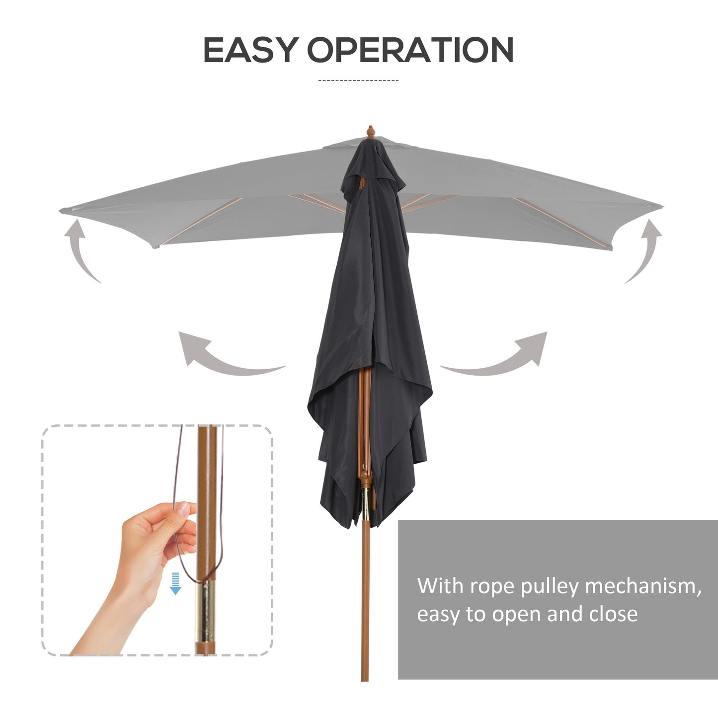 7' x 10' Wooden Patio Umbrella, Rectangular Garden Parasol, Market Table Umbrella with Top Vent, Dark Grey