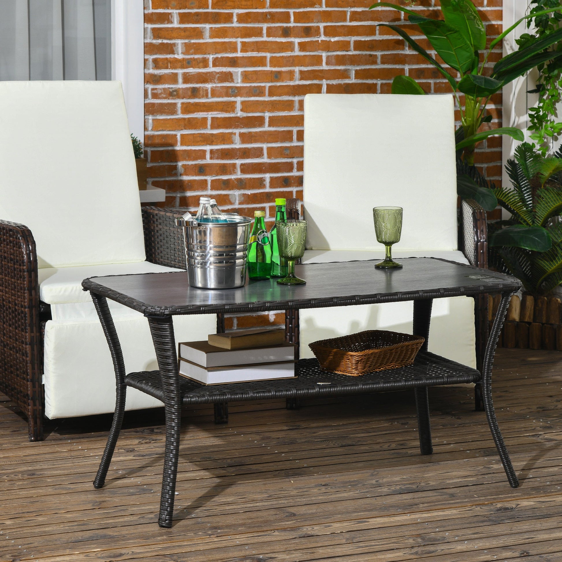 43.3" PE Rattan Outdoor Coffee Table with Storage Shelf, Hand-Woven Patio Wicker Side Table, 2-Layer Storage Table with Glass Top, for Garden, Porch, Backyard, Black