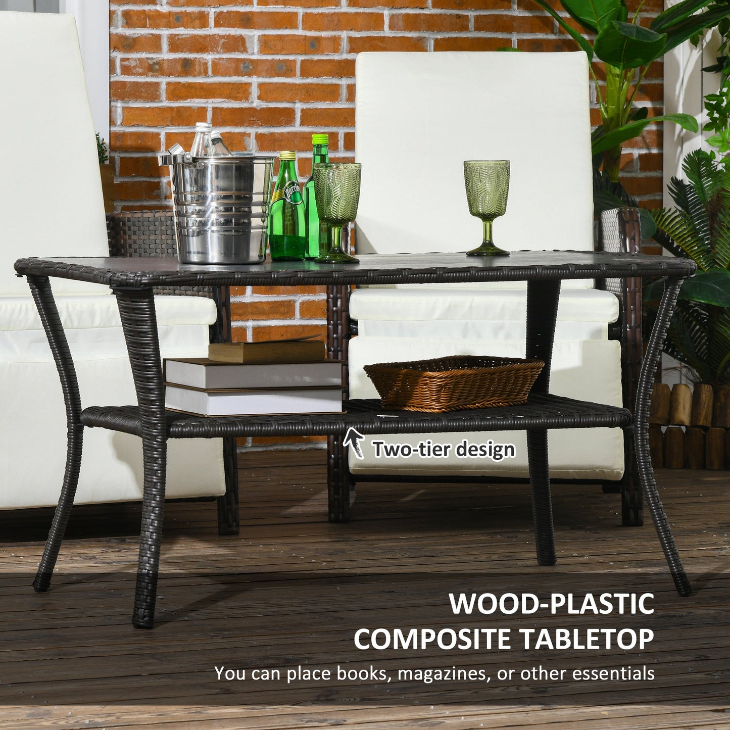 43.3" PE Rattan Outdoor Coffee Table with Storage Shelf, Hand-Woven Patio Wicker Side Table, 2-Layer Storage Table with Glass Top, for Garden, Porch, Backyard, Black