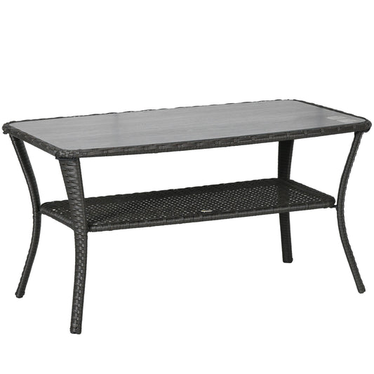 43.3" PE Rattan Outdoor Coffee Table with Storage Shelf, Hand-Woven Patio Wicker Side Table, 2-Layer Storage Table with Glass Top, for Garden, Porch, Backyard, Black