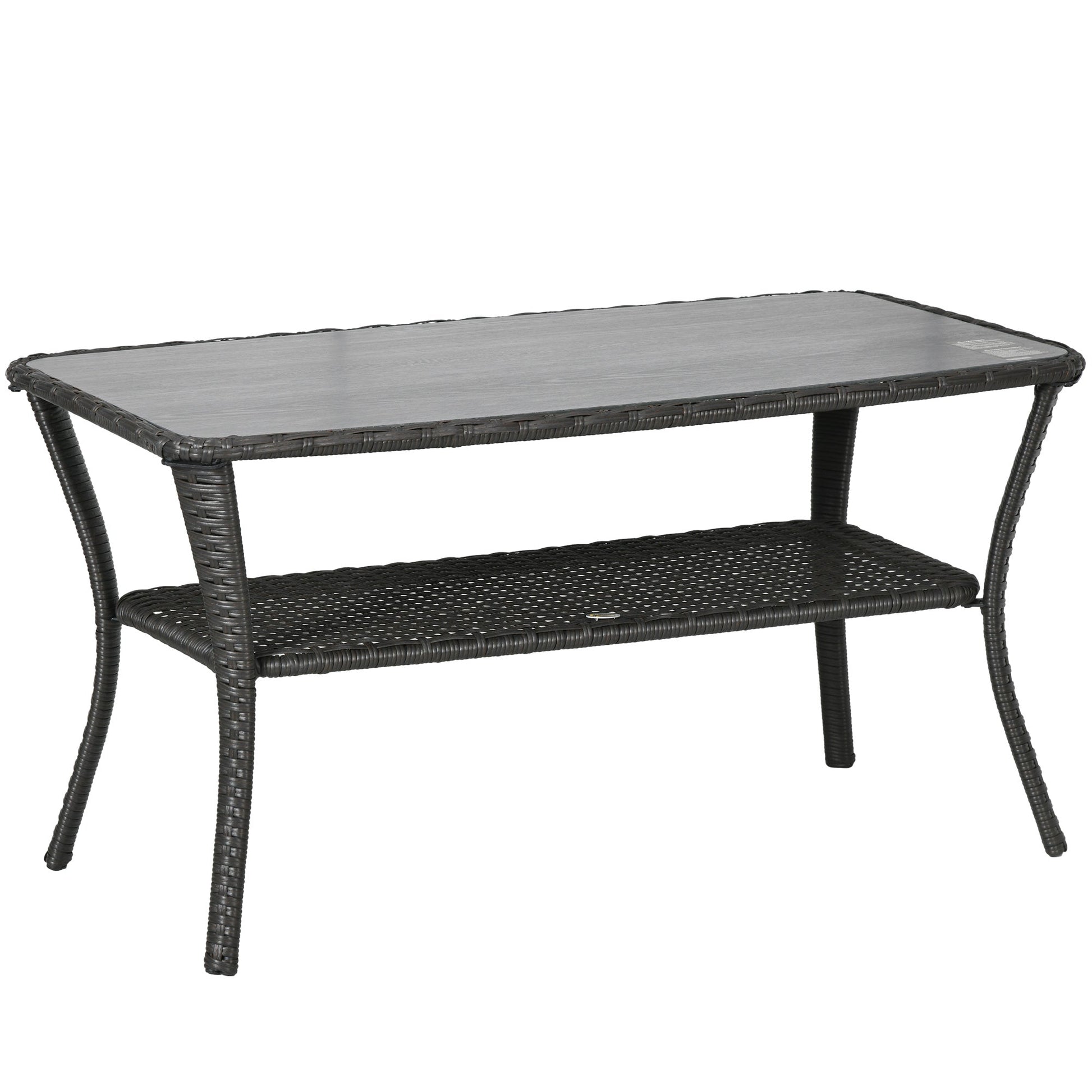 43.3" PE Rattan Outdoor Coffee Table with Storage Shelf, Hand-Woven Patio Wicker Side Table, 2-Layer Storage Table with Glass Top, for Garden, Porch, Backyard, Black