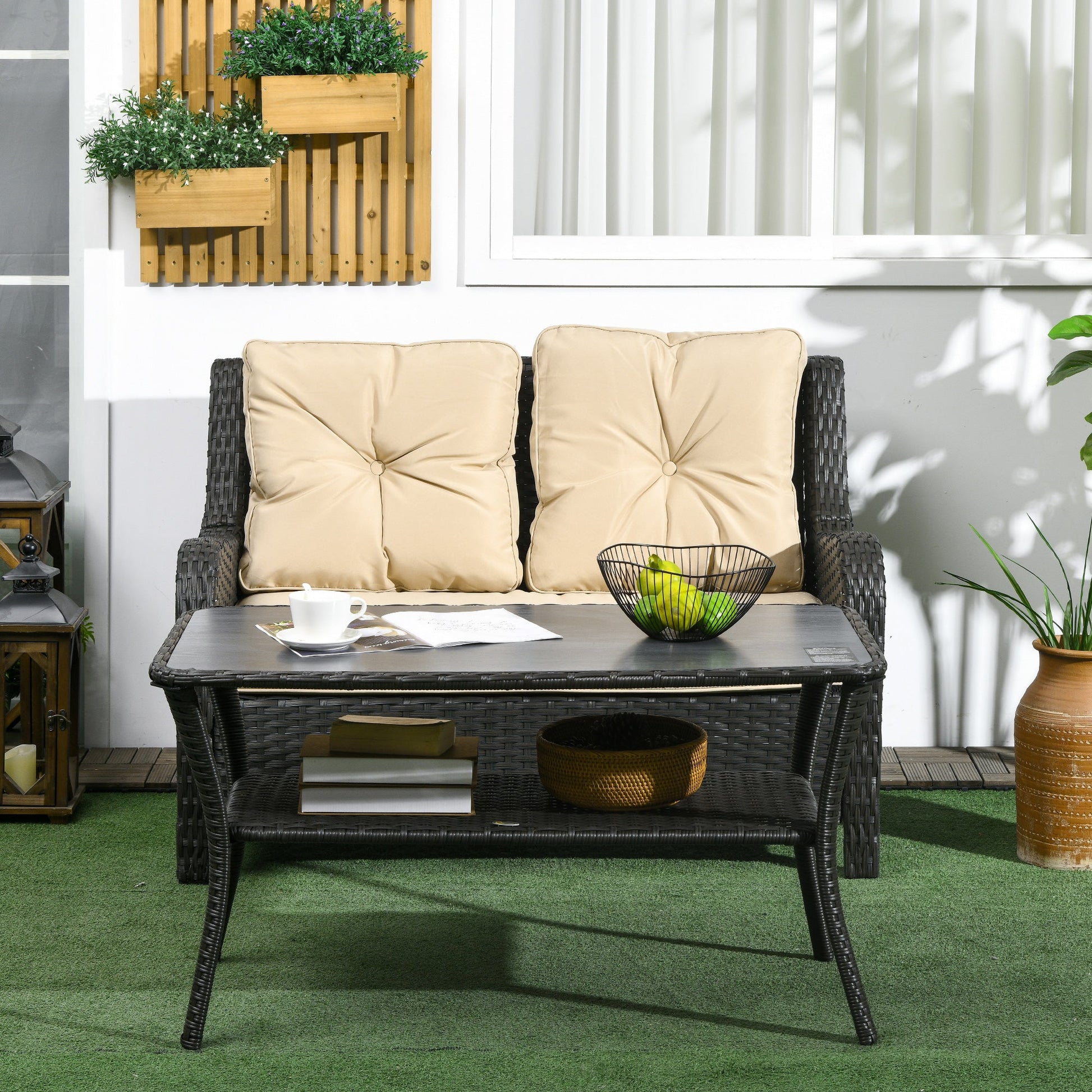 43.3" PE Rattan Outdoor Coffee Table with Storage Shelf, Hand-Woven Patio Wicker Side Table, 2-Layer Storage Table with Glass Top, for Garden, Porch, Backyard, Black