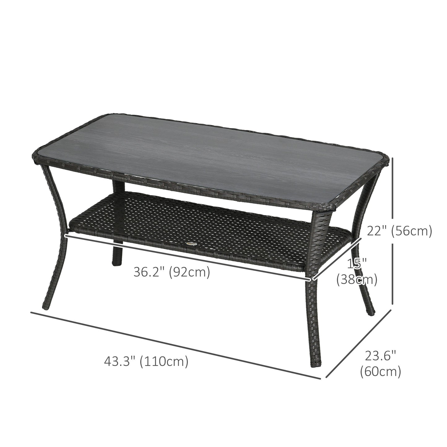 43.3" PE Rattan Outdoor Coffee Table with Storage Shelf, Hand-Woven Patio Wicker Side Table, 2-Layer Storage Table with Glass Top, for Garden, Porch, Backyard, Black