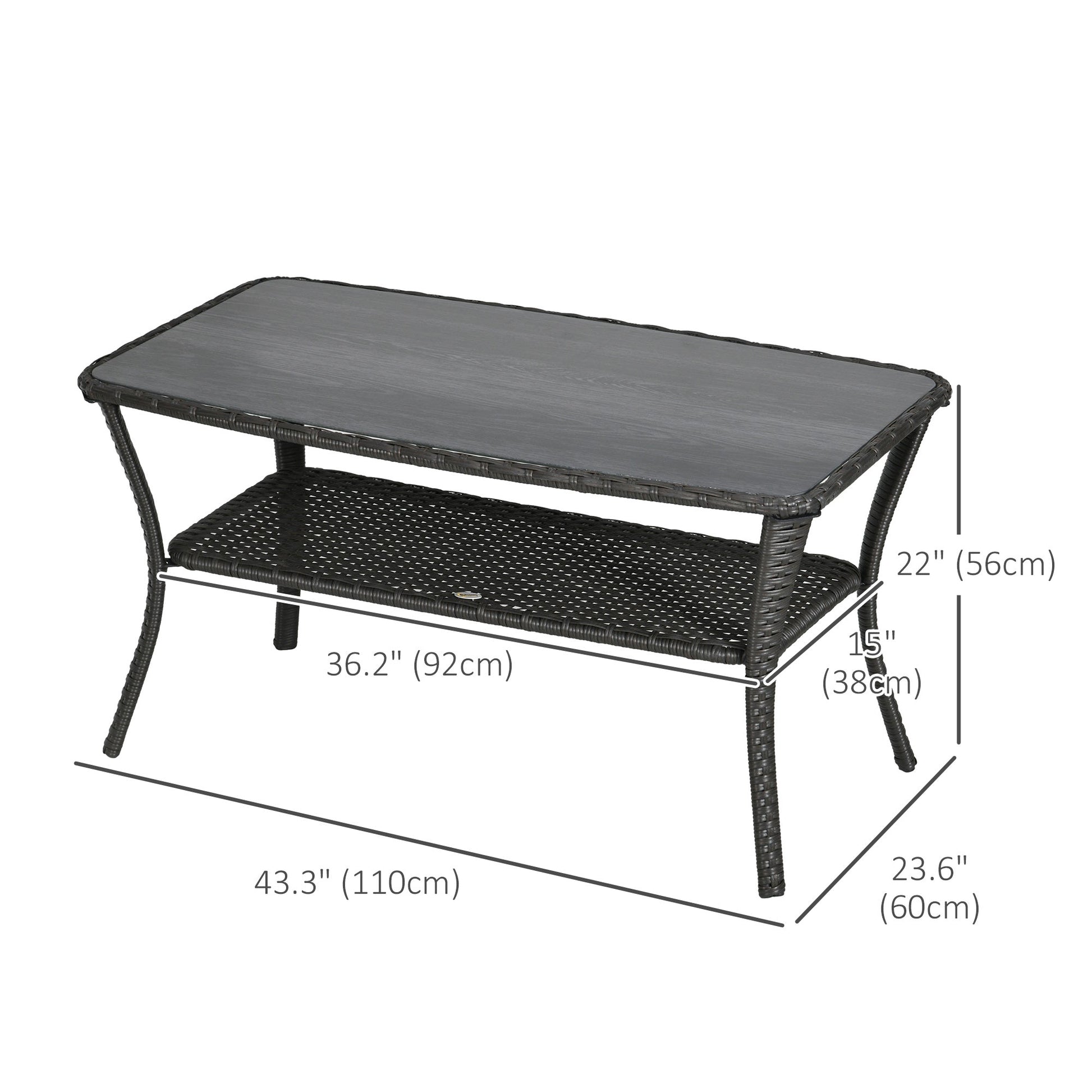 43.3" PE Rattan Outdoor Coffee Table with Storage Shelf, Hand-Woven Patio Wicker Side Table, 2-Layer Storage Table with Glass Top, for Garden, Porch, Backyard, Black