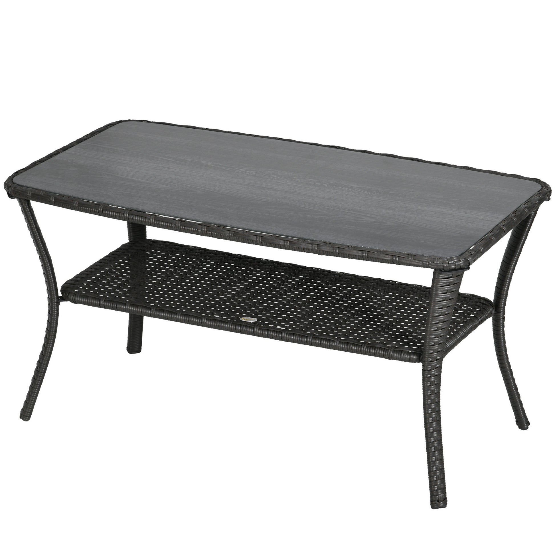 43.3" PE Rattan Outdoor Coffee Table with Storage Shelf, Hand-Woven Patio Wicker Side Table, 2-Layer Storage Table with Glass Top, for Garden, Porch, Backyard, Black
