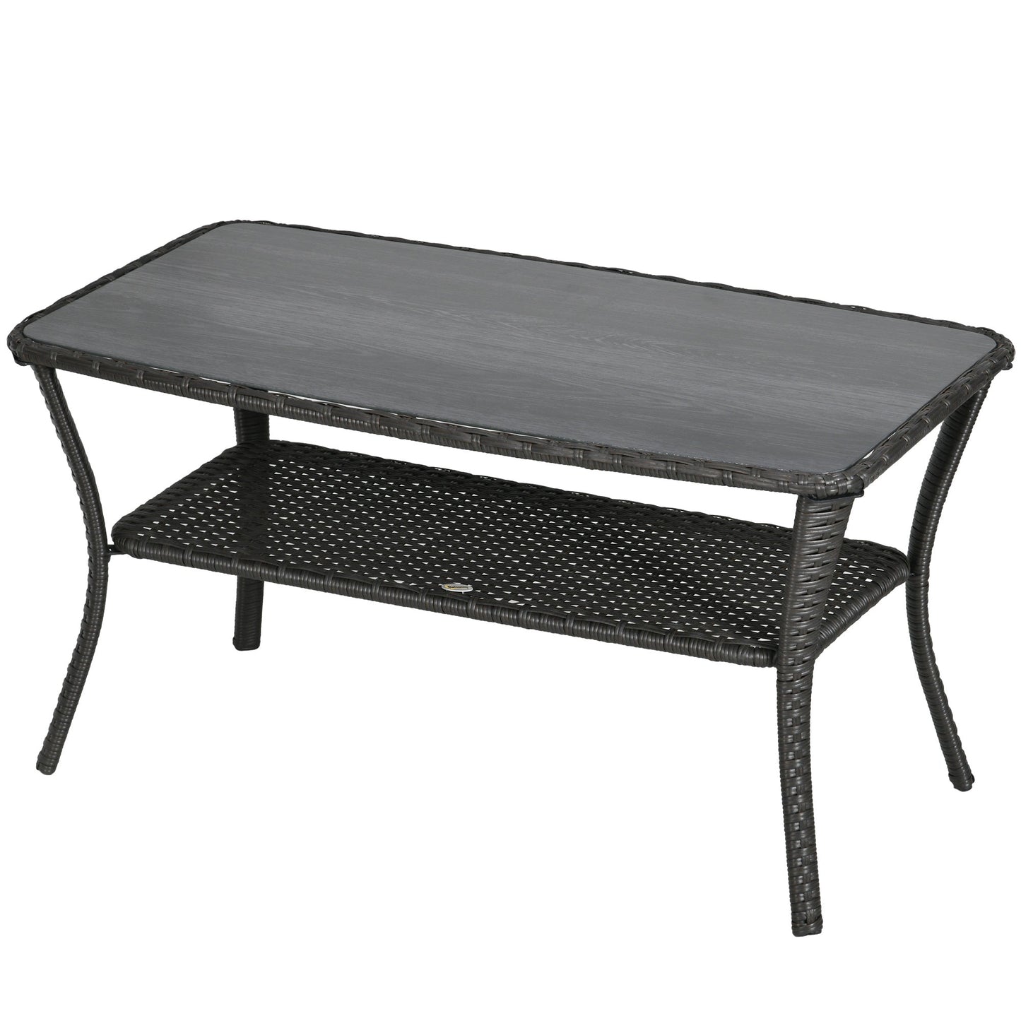 43.3" PE Rattan Outdoor Coffee Table with Storage Shelf, Hand-Woven Patio Wicker Side Table, 2-Layer Storage Table with Glass Top, for Garden, Porch, Backyard, Black